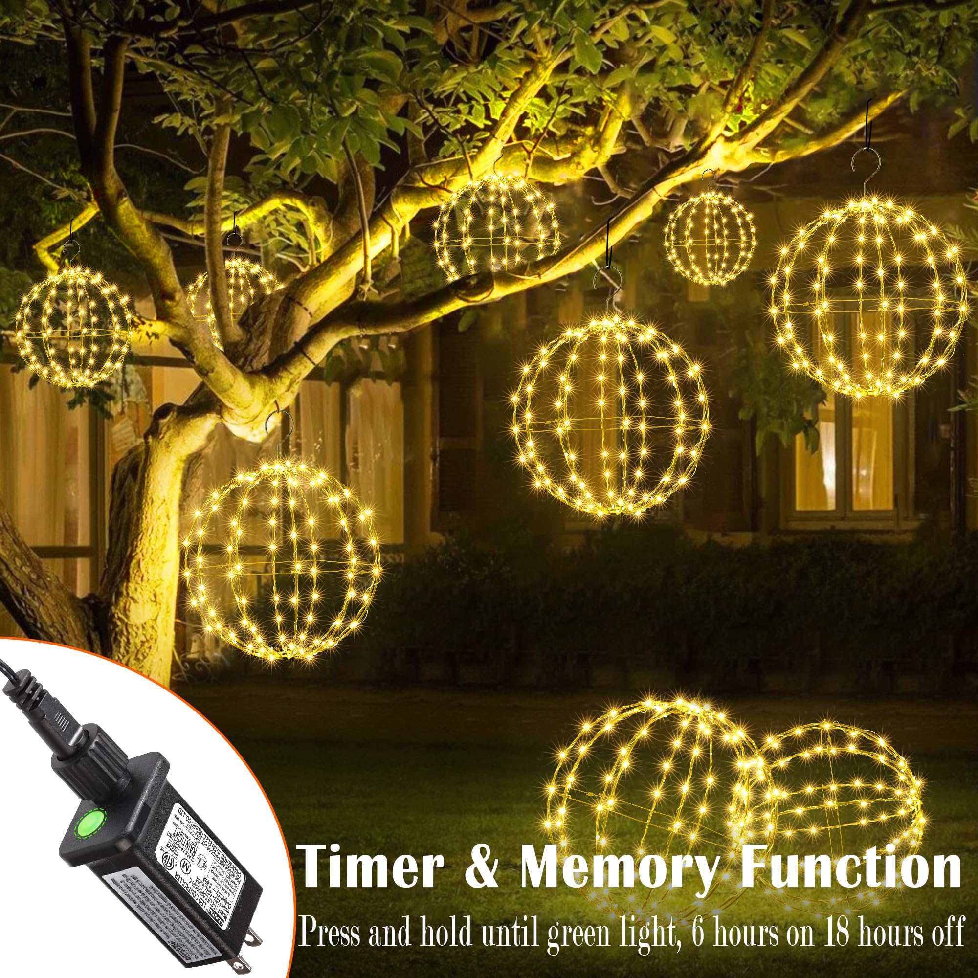 Joomer 2 Pack 12IN Christmas Ball Lights - 120 LED Waterproof Hanging Globe Lights, Warm White, Connectable with Timer, Model JT-EL/FC060V0600-C