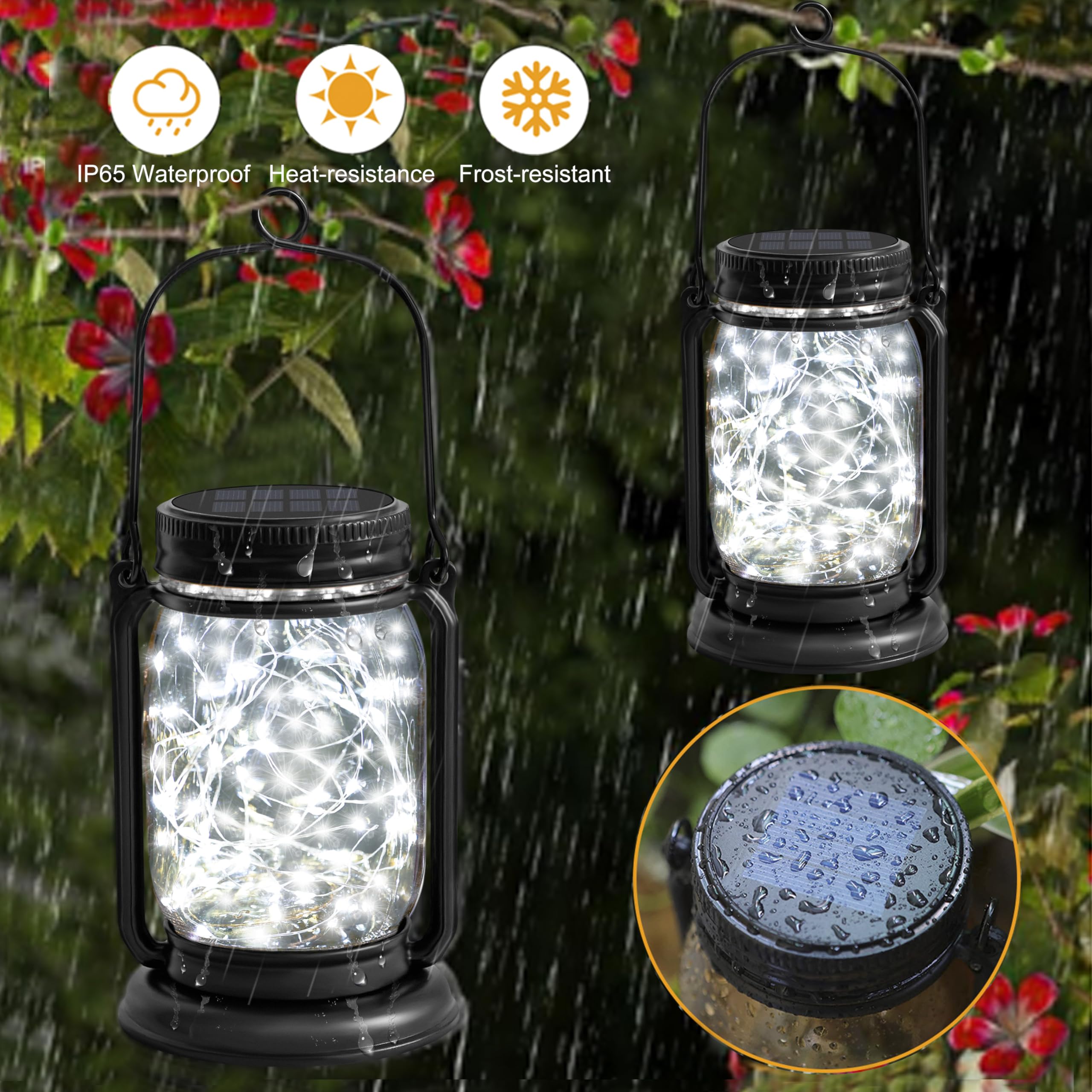 YJFWAL 4 Pack Hanging Solar Lantern Lights, Vintage Glass Mason Jar, Cool White, Waterproof Table Lamp for Patio, Model: fugu-cool white-4P