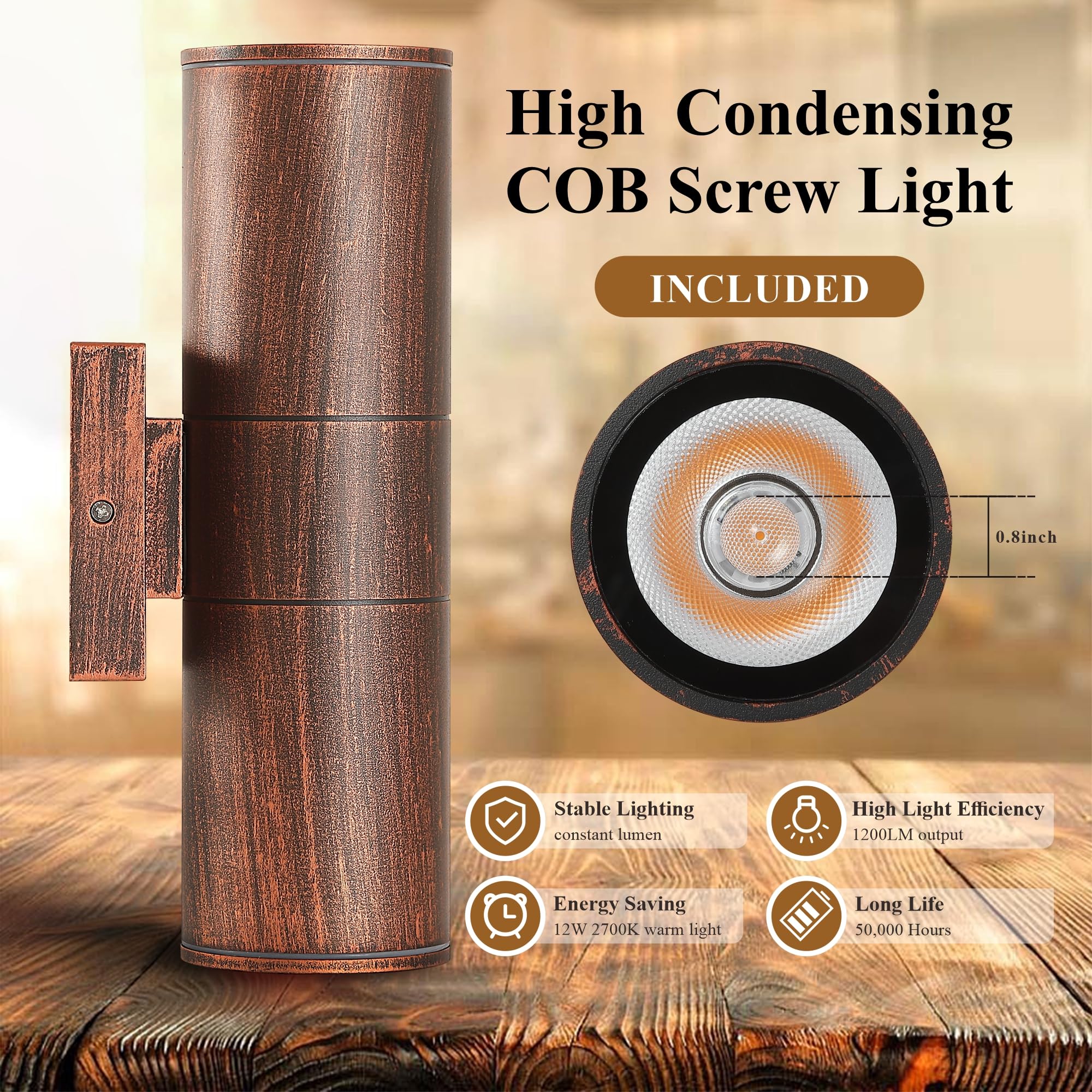 DAKAFUL Outdoor Wall Lights, 12W Integrated LED Cylinder, Waterproof, 2 Packs, Copper, Model DK-CWL-01