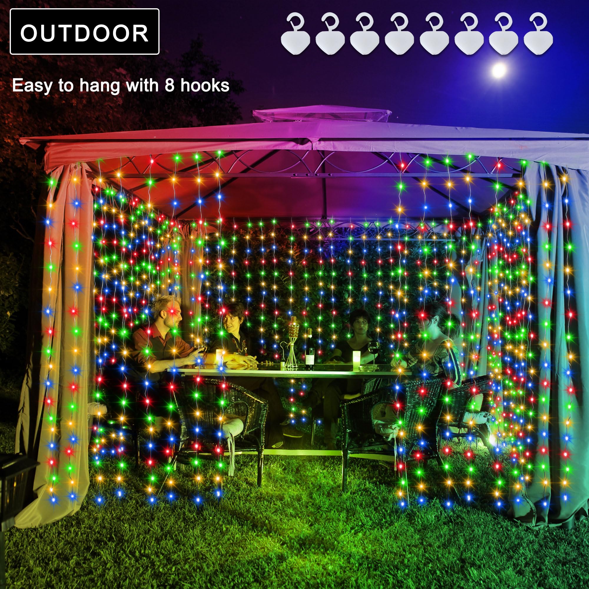 Echosari Solar Curtain Lights 7.9Ft X 6Ft 144 Led Outdoor Curtain Lights Waterproof With Timer 8 Modes For Christmas Garden Pati