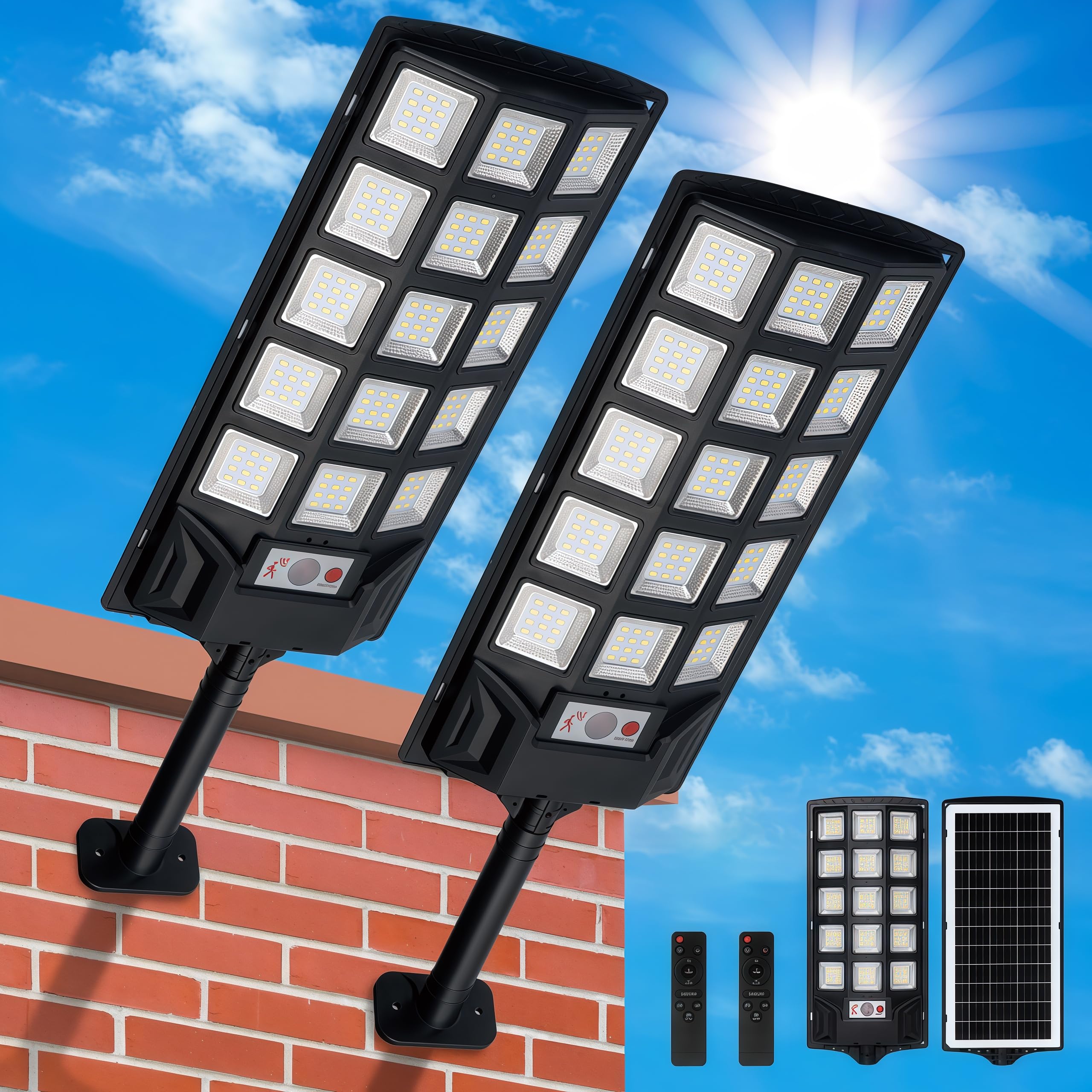 BINGLUX Solar Street Lights Outdoor 2 Pack, 25000LM 6500K Solar Lights Outdoor Waterproof Dusk to Dawn, LED Flood Security Light