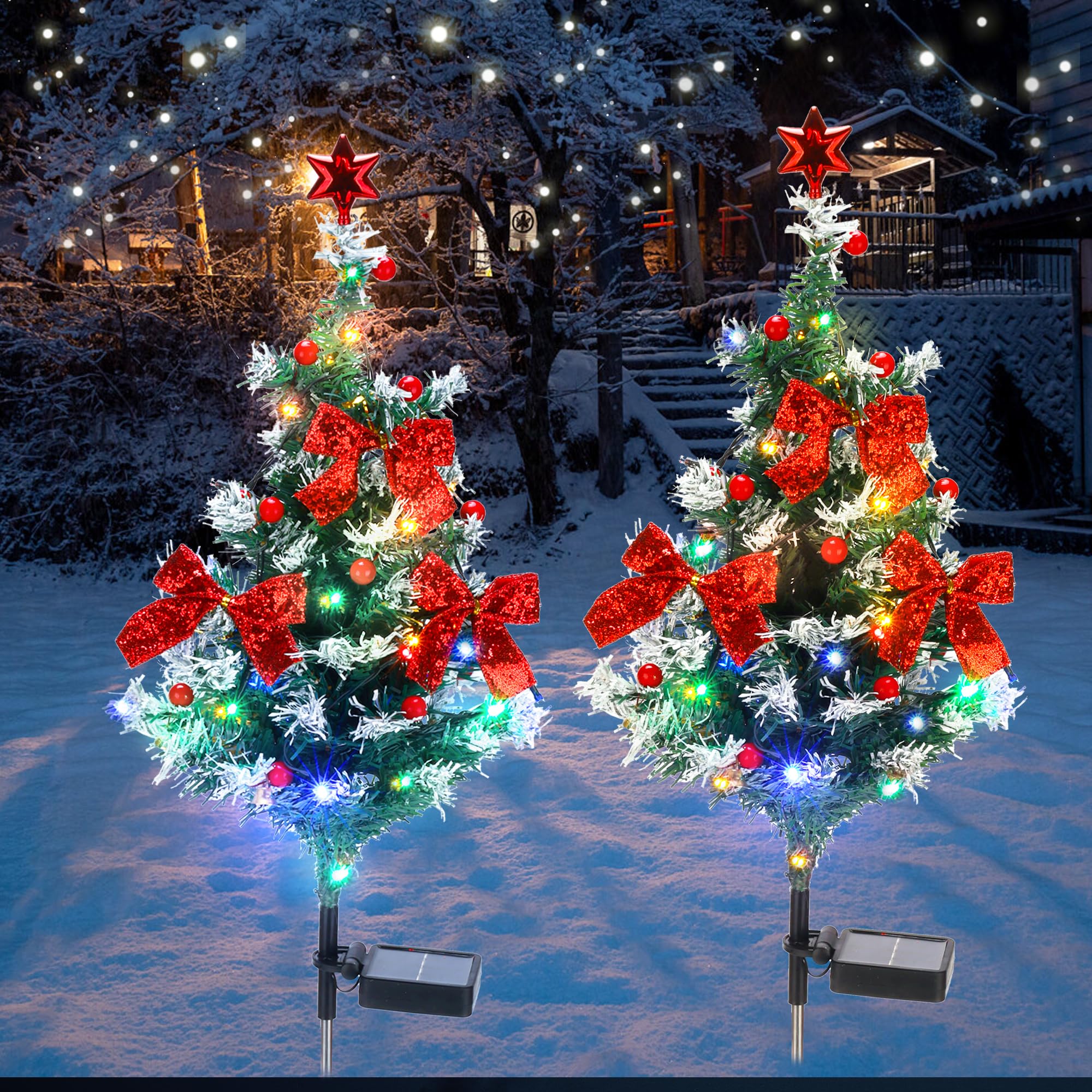 ULAROOM Solar Christmas Tree Light - Christmas Waterproof Small Pathway Lights  Outdoor Lights Christmas Decorations Cedar Xmas Tree with 20 LED Lights in 4 Colors for Garden/Yard/Patio  2 Packs