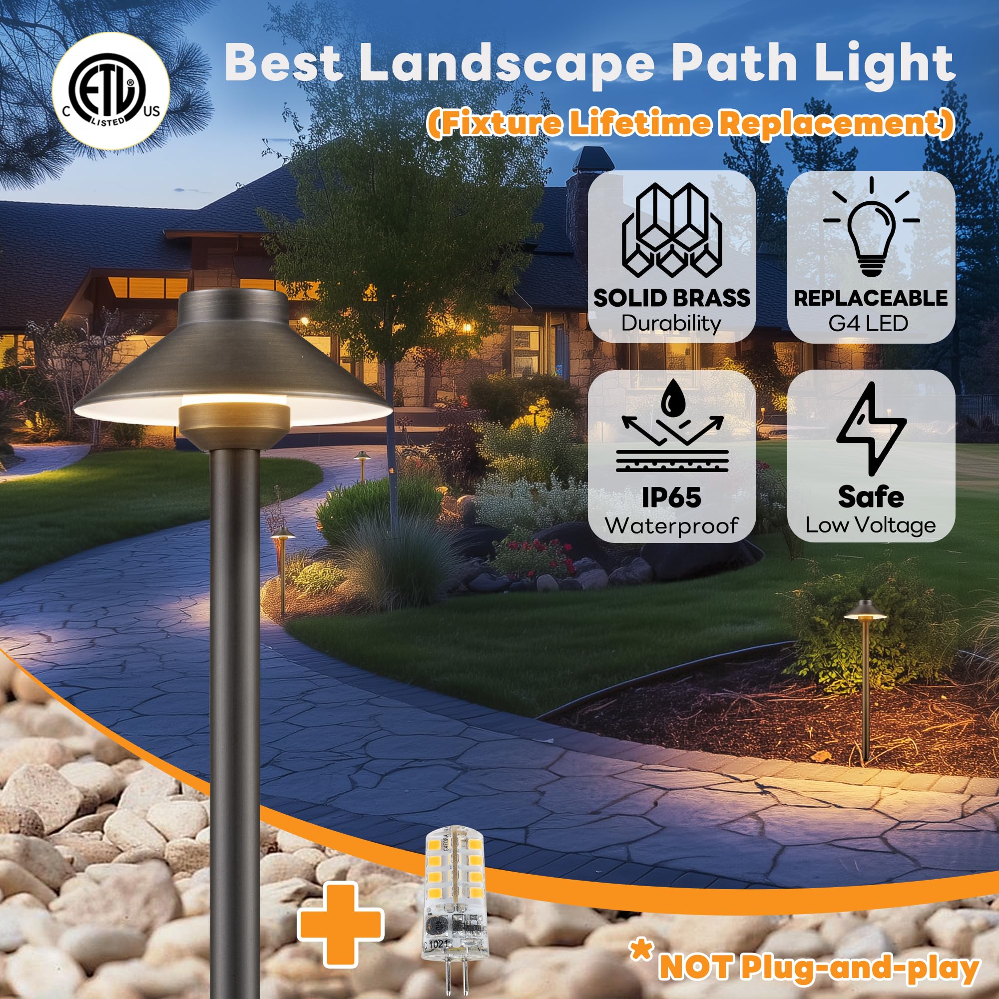 Gardenreet Low Voltage Landscape Lighting Brass Path Lights, 12V Waterproof, 3W 5000K G4 Bulb, 4-Pack, Bronze
