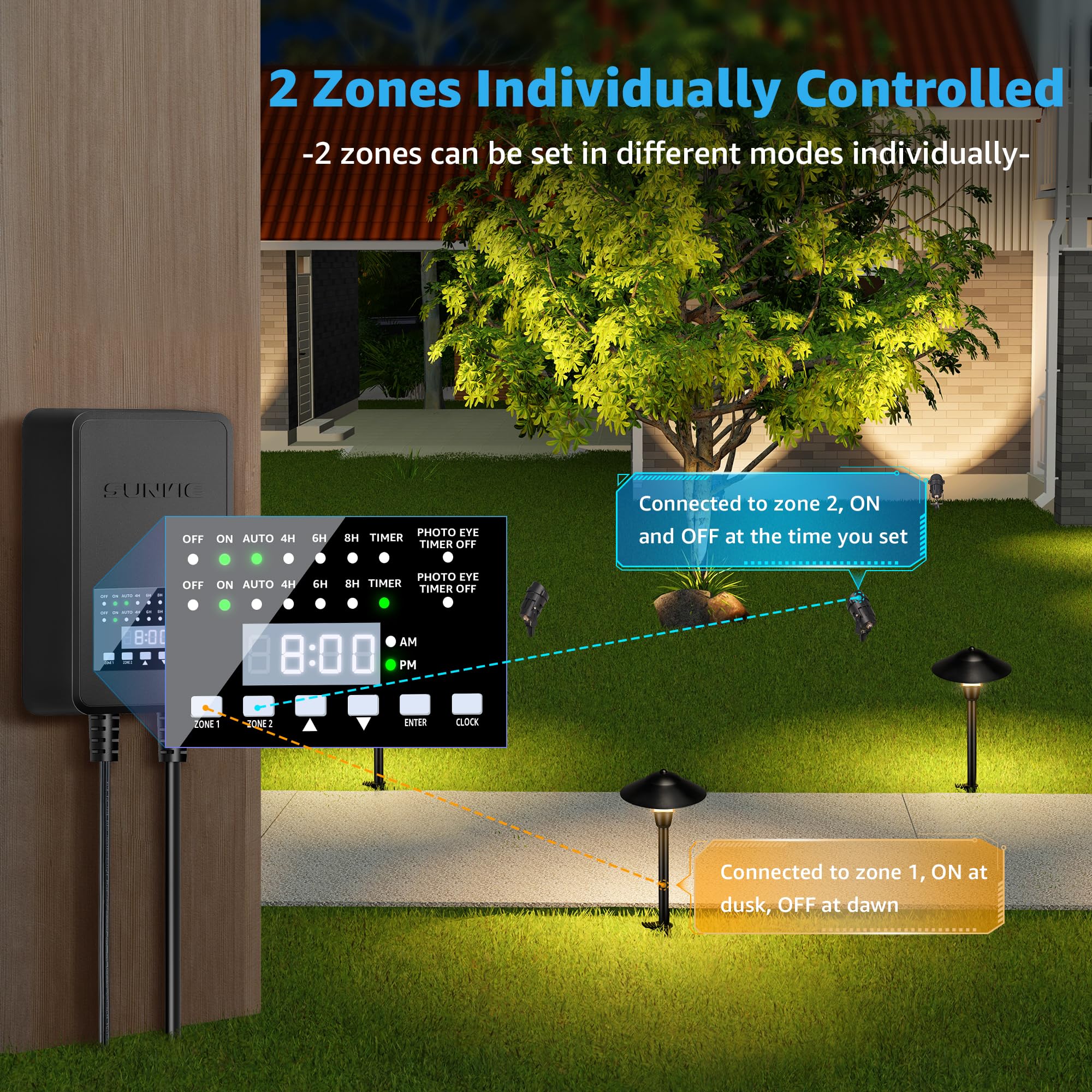 Sunvie 300W Low Voltage Landscape Transformer With 2 Independent Control Output Landscape Lighting Transformer With Timer And Ph