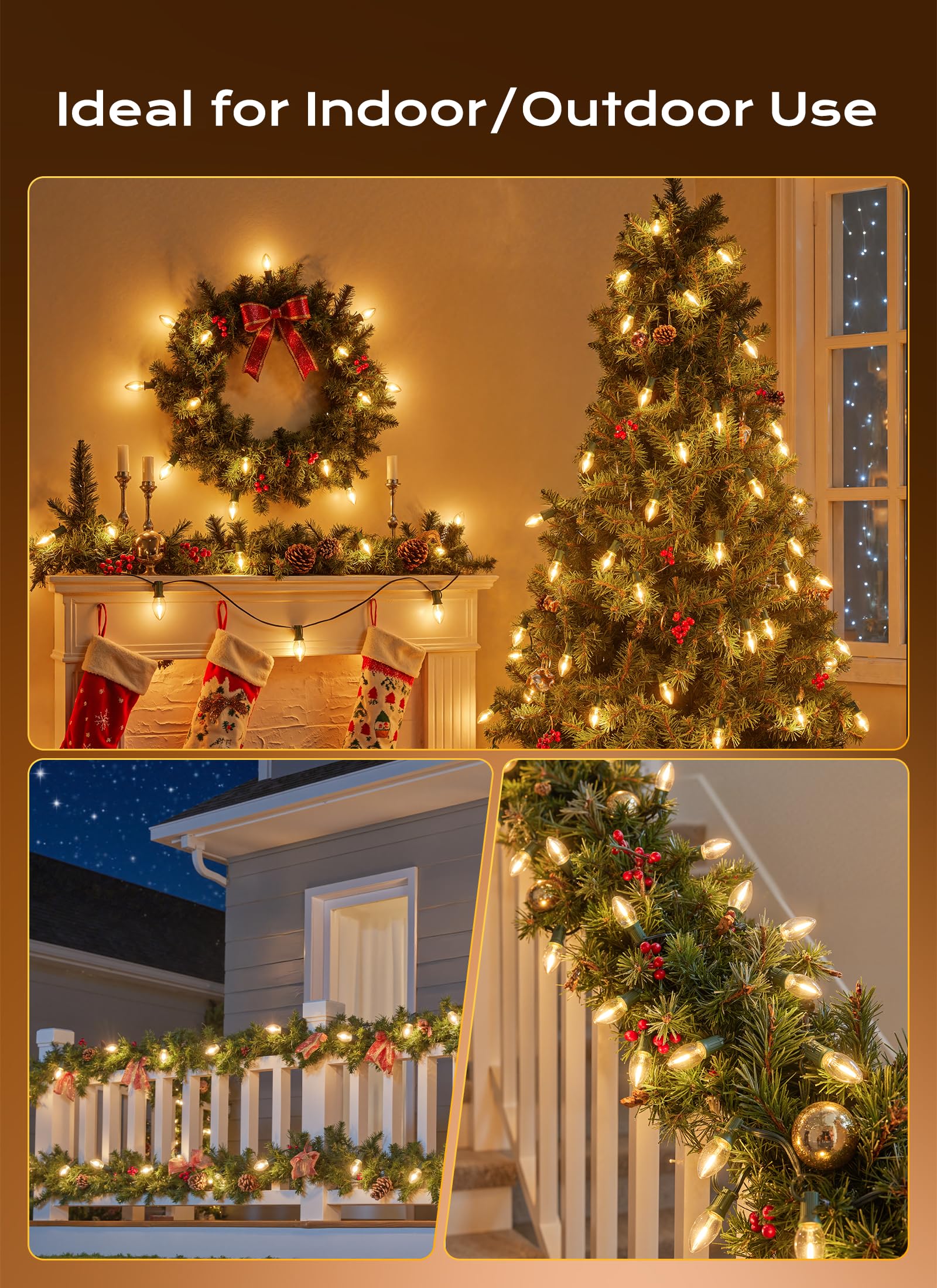 C9 Christmas Lights Outdoor  50 Ft 50 Led Vintage Warm White C9 String Lights Connectable For Christmas Tree Roofline Patio Garden Backyard Holiday Party Indoor Outdoor Decoration  Green Wire