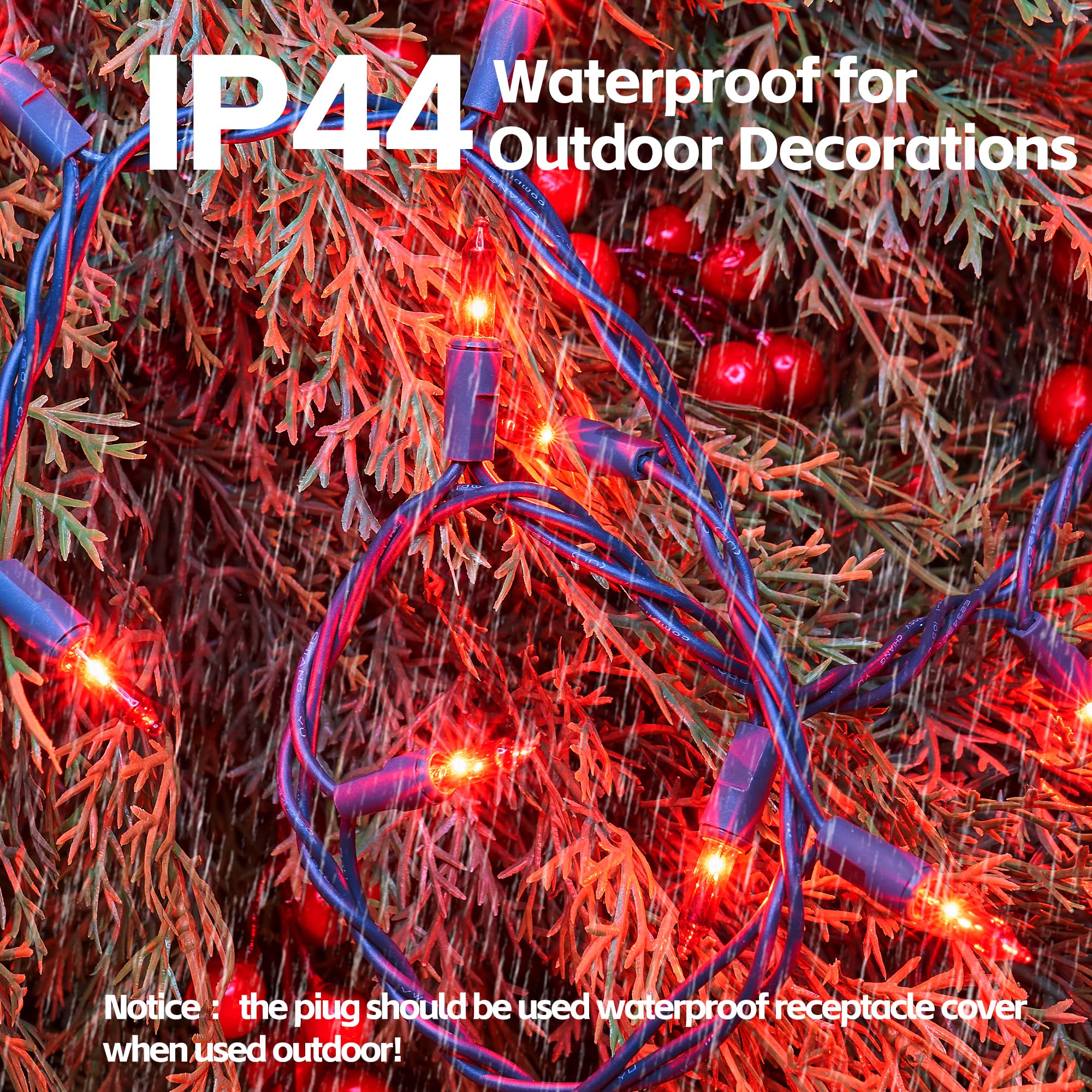 Dirnun Red Christmas Lights 100 Count Incandescent Lights Ul Certified Connectable Christmas Tree Lights With Green Wires For Indoor Outdoor Xmas, Wedding, Holiday, Party, Home Decorations