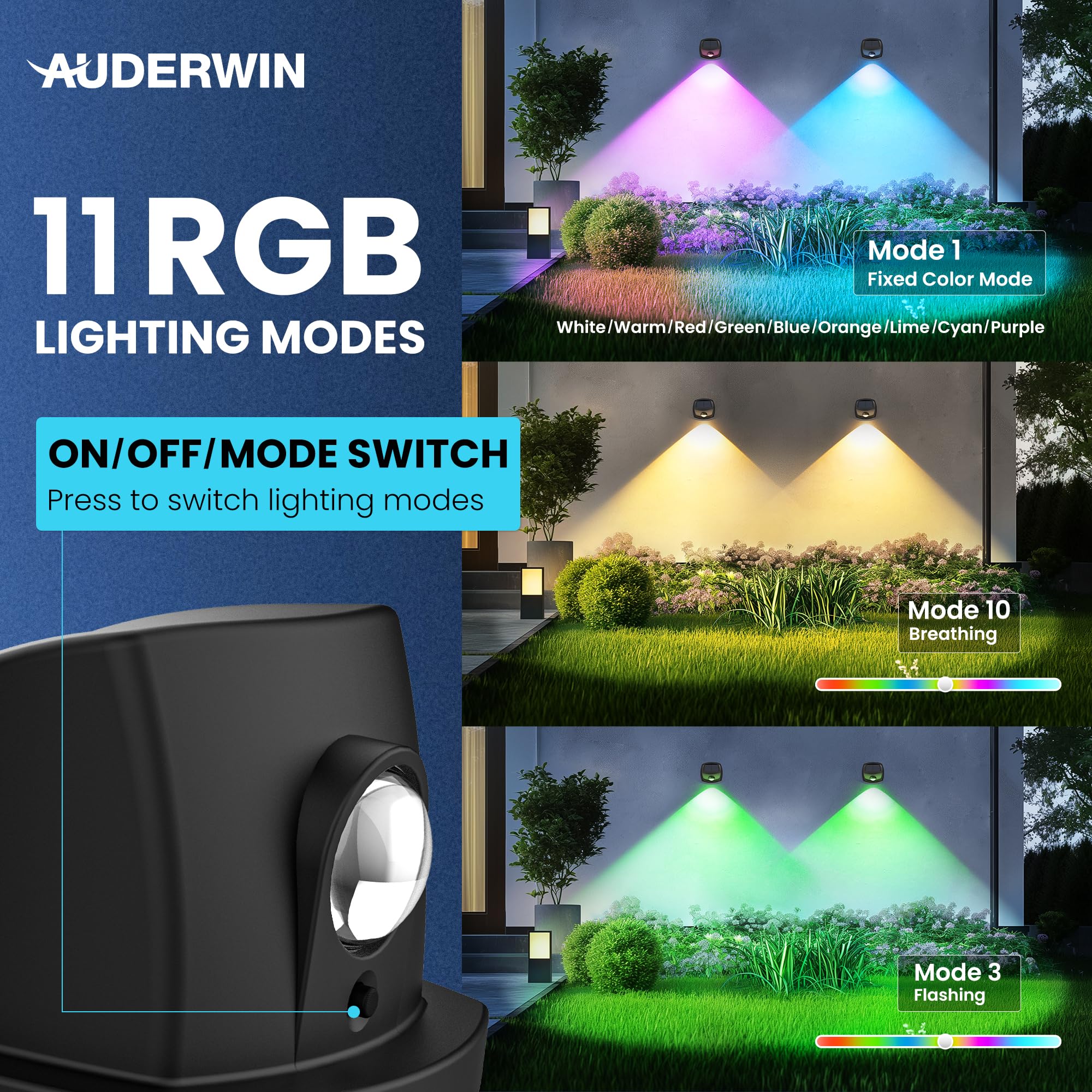 AUDERWIN Solar Fence Lights Outdoor IP65 Waterproof Multicolor LED 12 Pack, Model 9503, for Pool, Yard, Deck, Patio, Stairs