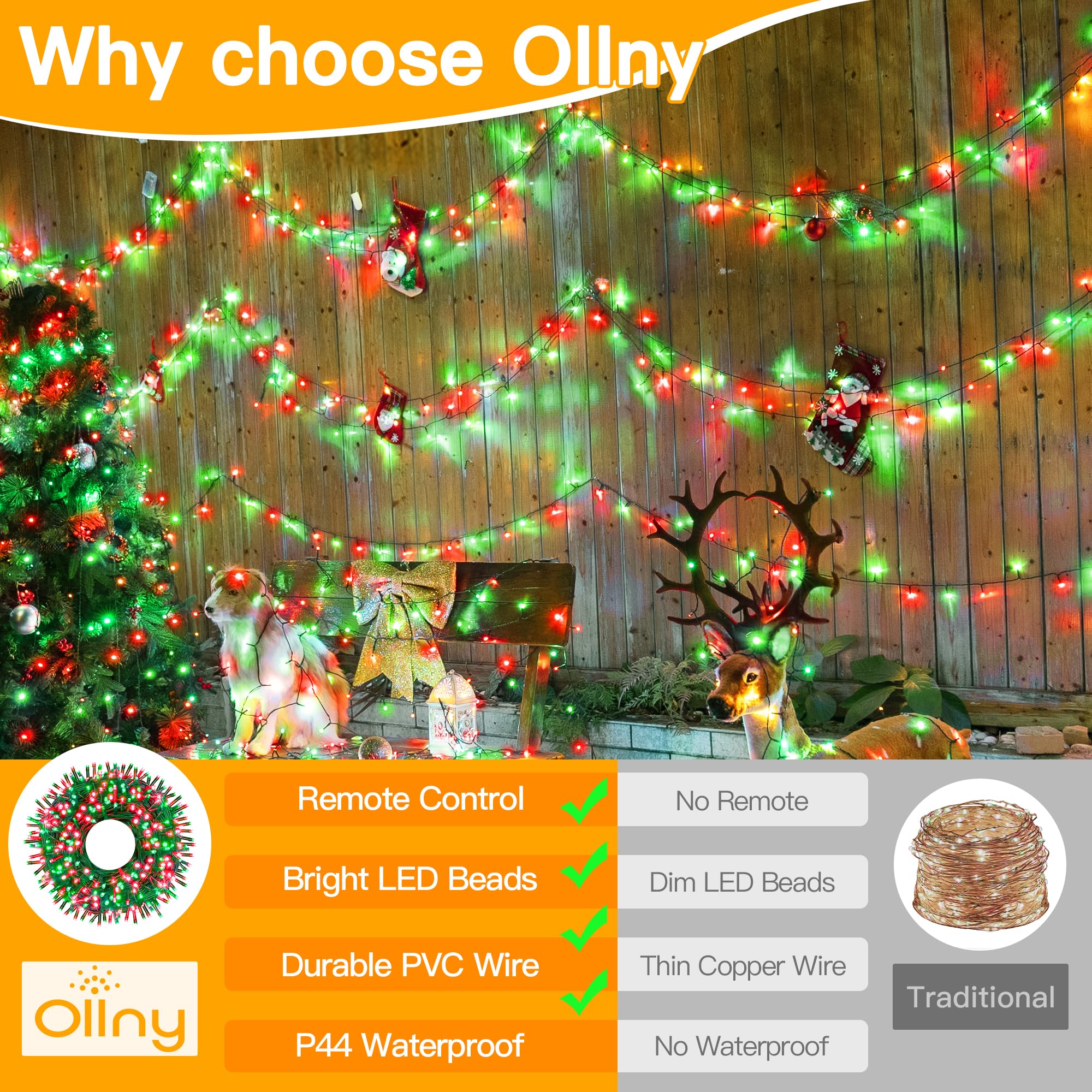Ollny 400Led Christmas String Lights, 131Ft Red & Green, Waterproof, 8 Modes, Plug-In Fairy Lights For Indoor/Outdoor Holiday Decor