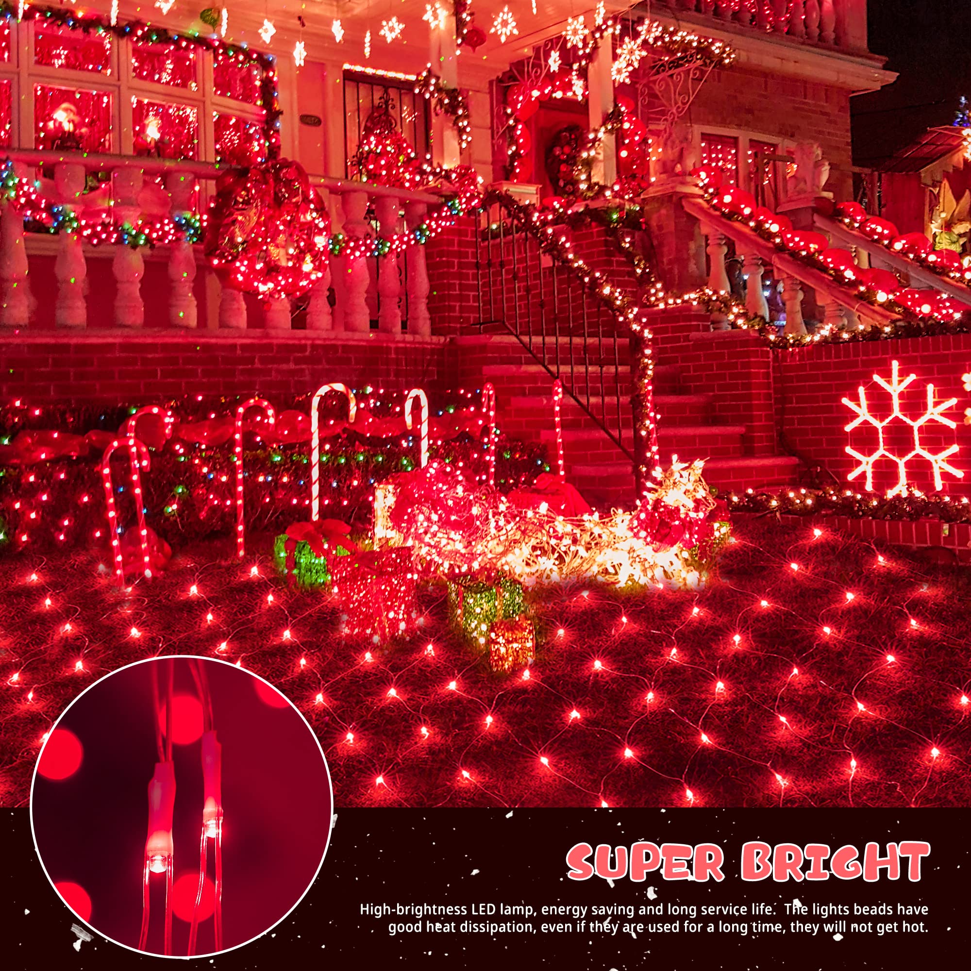 oopswow Christmas Net Lights, 192 LED, 8 Modes, 30V Low Voltage, 9.8ft x 6.6ft, Red, Model QX-U-O-N-