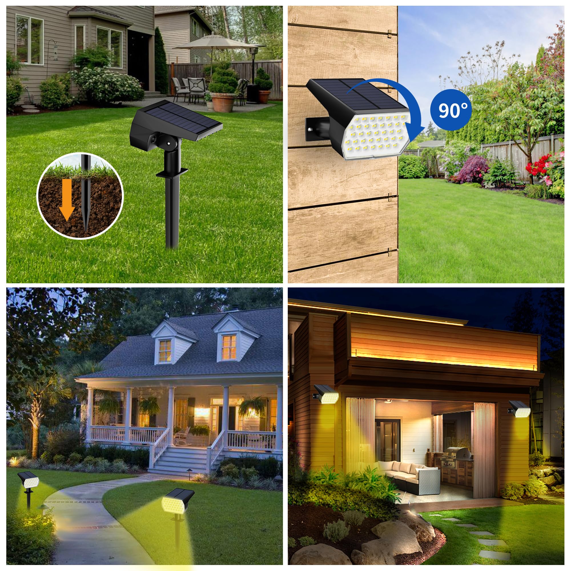 Ugecl Solar Spot Lights - 74 LED, 3 Lighting Modes, IP65 Waterproof, 4PK, 3000/4000/6000K, Plastic