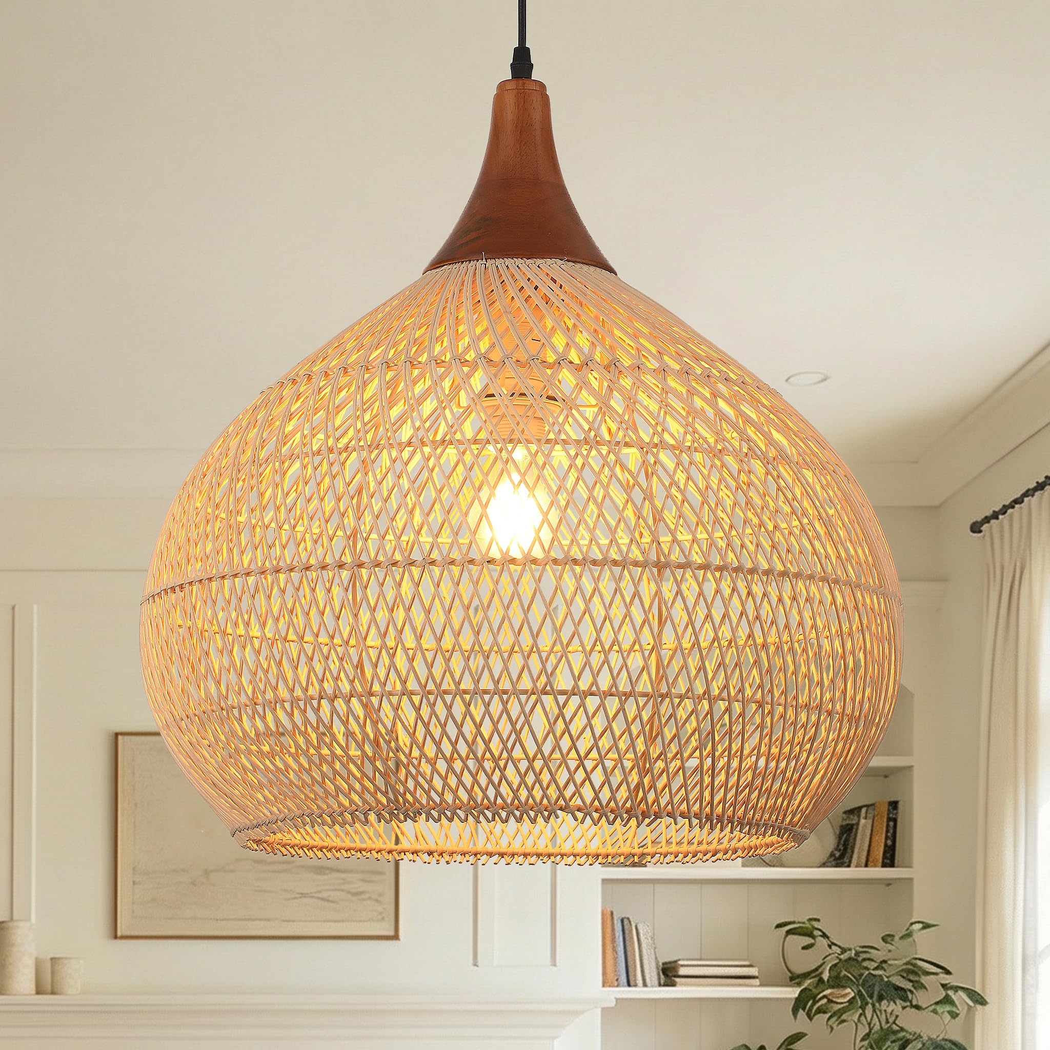 Karjearl 20 Large Rattan Pendant Light, Rattan Chandelier Hand-Woven Boho Pendant Light Fixtures with Solid Wood, Basket Wicker 