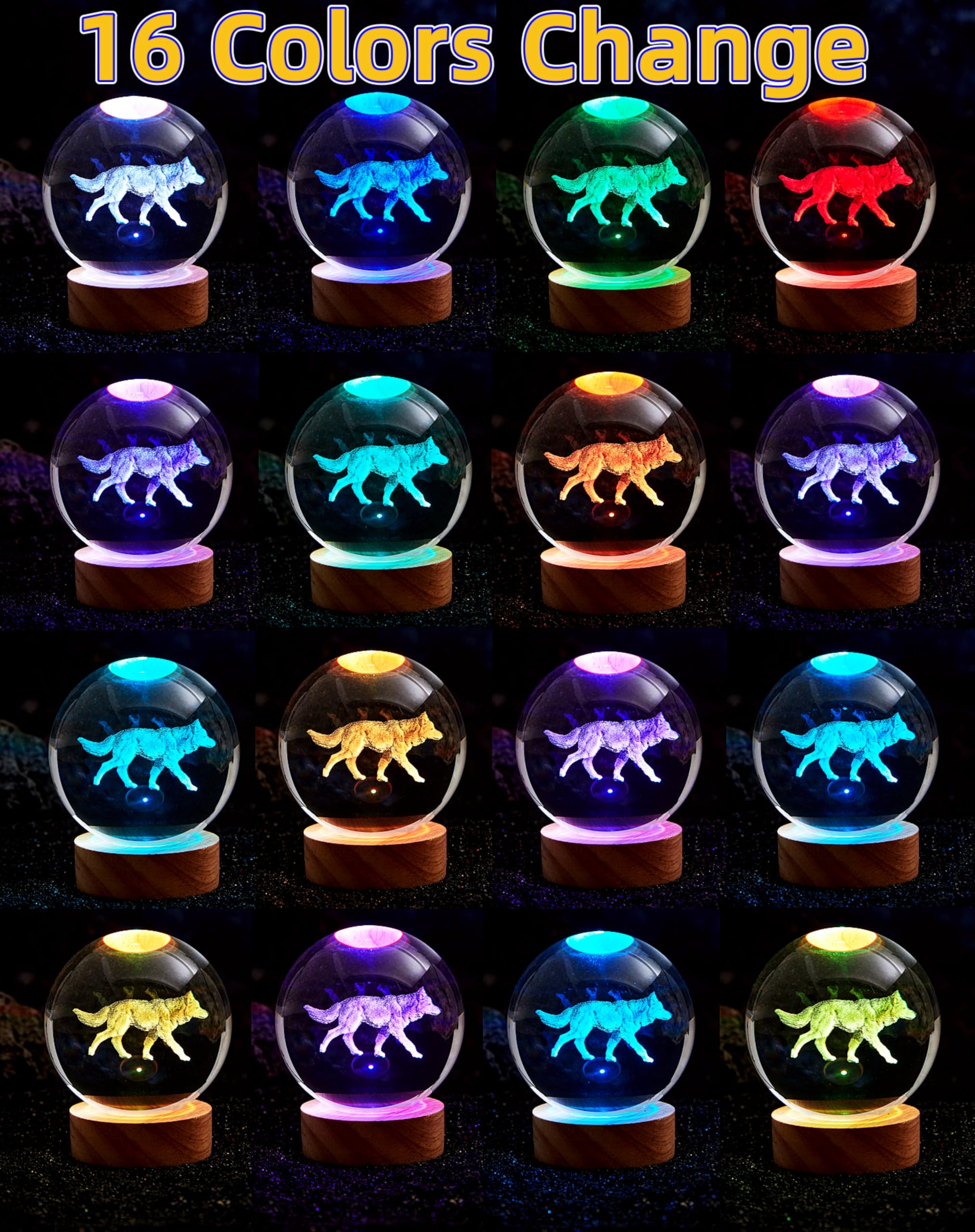 Conalisk 3D Wolf Crystal Ball Lamp - Dimmable Remote Control, 16 Colors, Wolf Design
