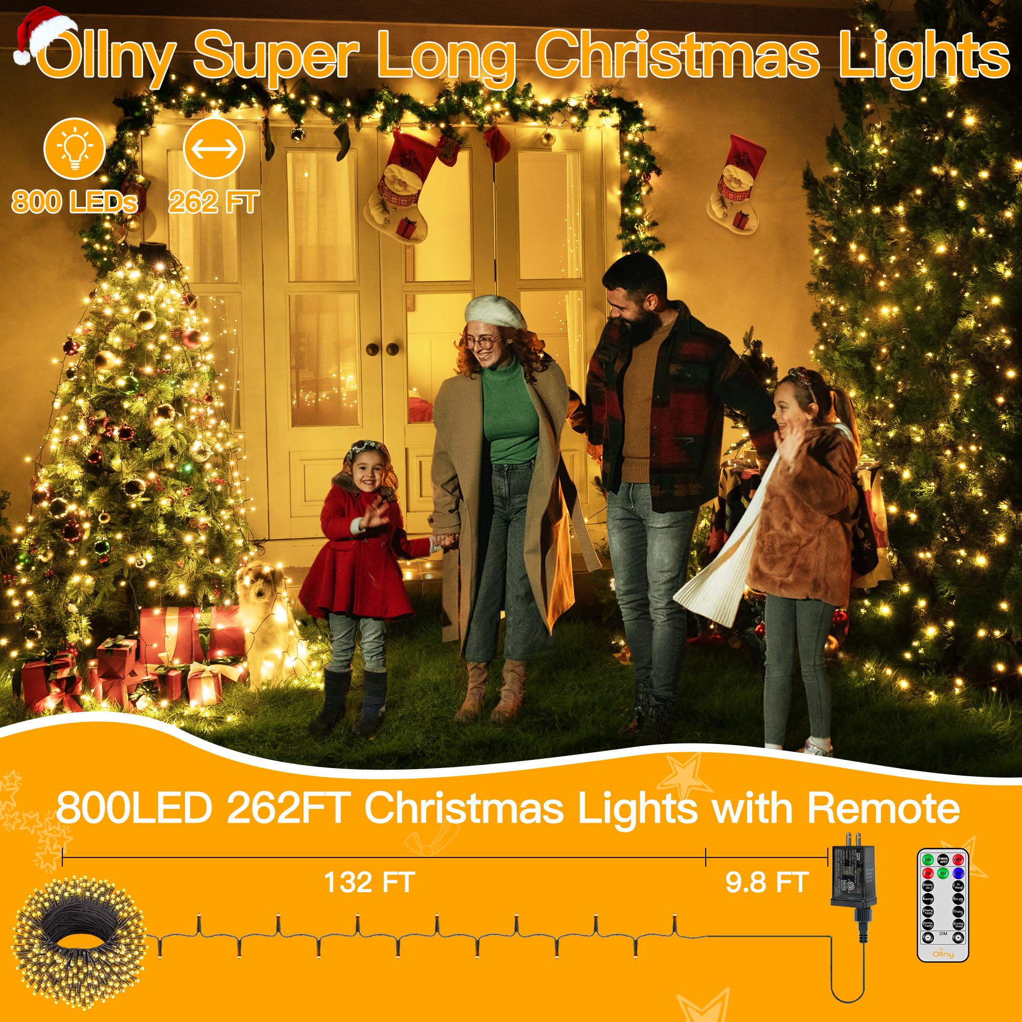 Ollny 262FT Warm White String Lights, 800LED, Waterproof Fairy Lights with Remote, 8 Modes & Timer for Outdoor Party Decorations