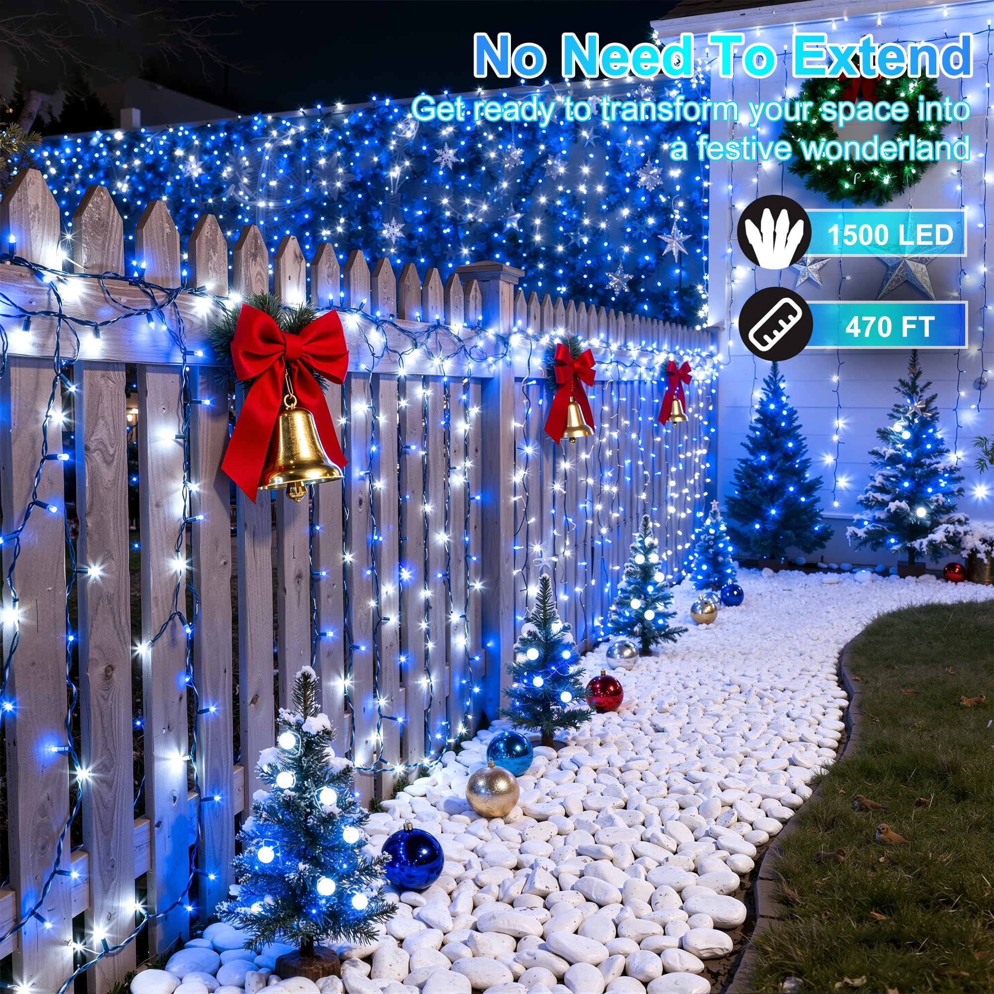 1500Led Christmas Lights Outdoor Use  470Ft 12 Modes Blue And Cool White Led String Lights With Timer Dimmable  Waterproof Christmas Tree Lights For Xmas Patio Yard Fence Balcony Garden Decor