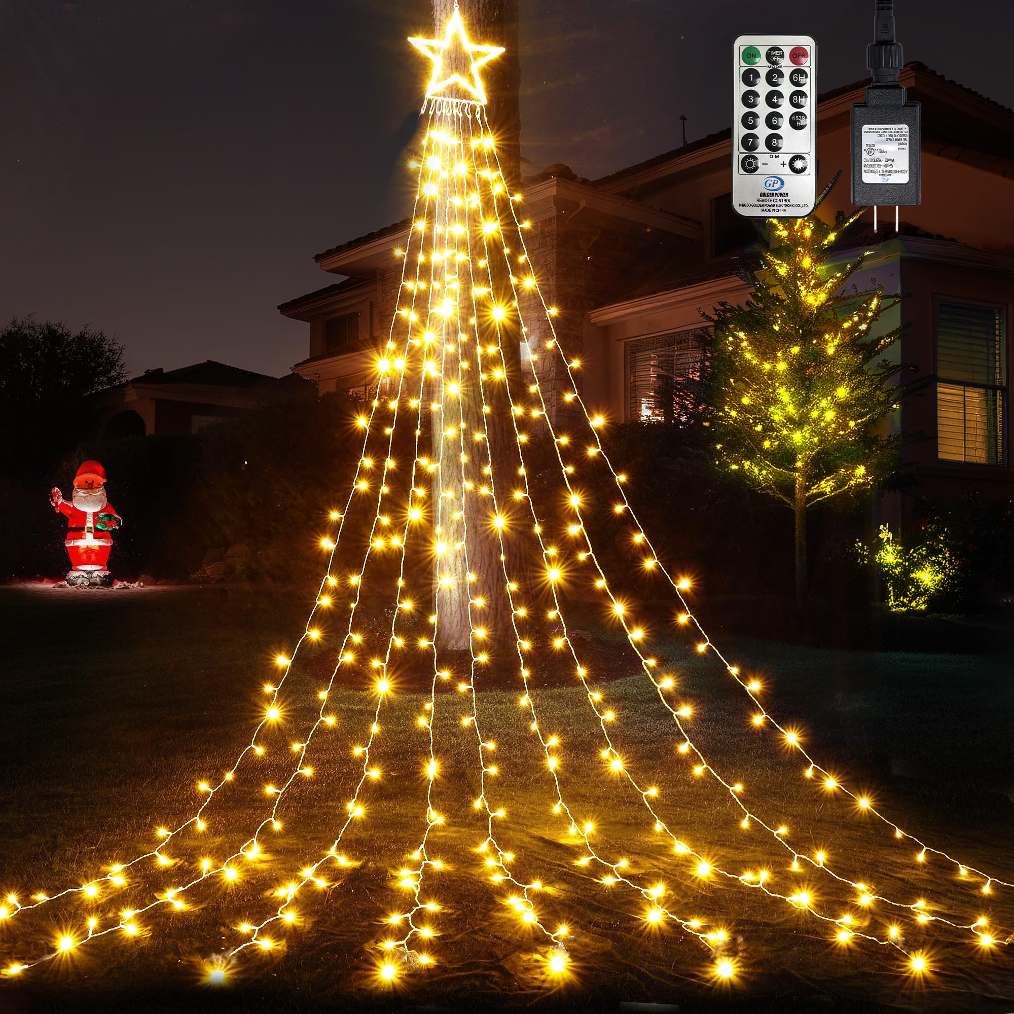WBao 344 LED Christmas Lights Outdoor Decorations with 12 Star Topper, 11.9ft Waterfall Christmas Lights, Remote Control 8 Modes