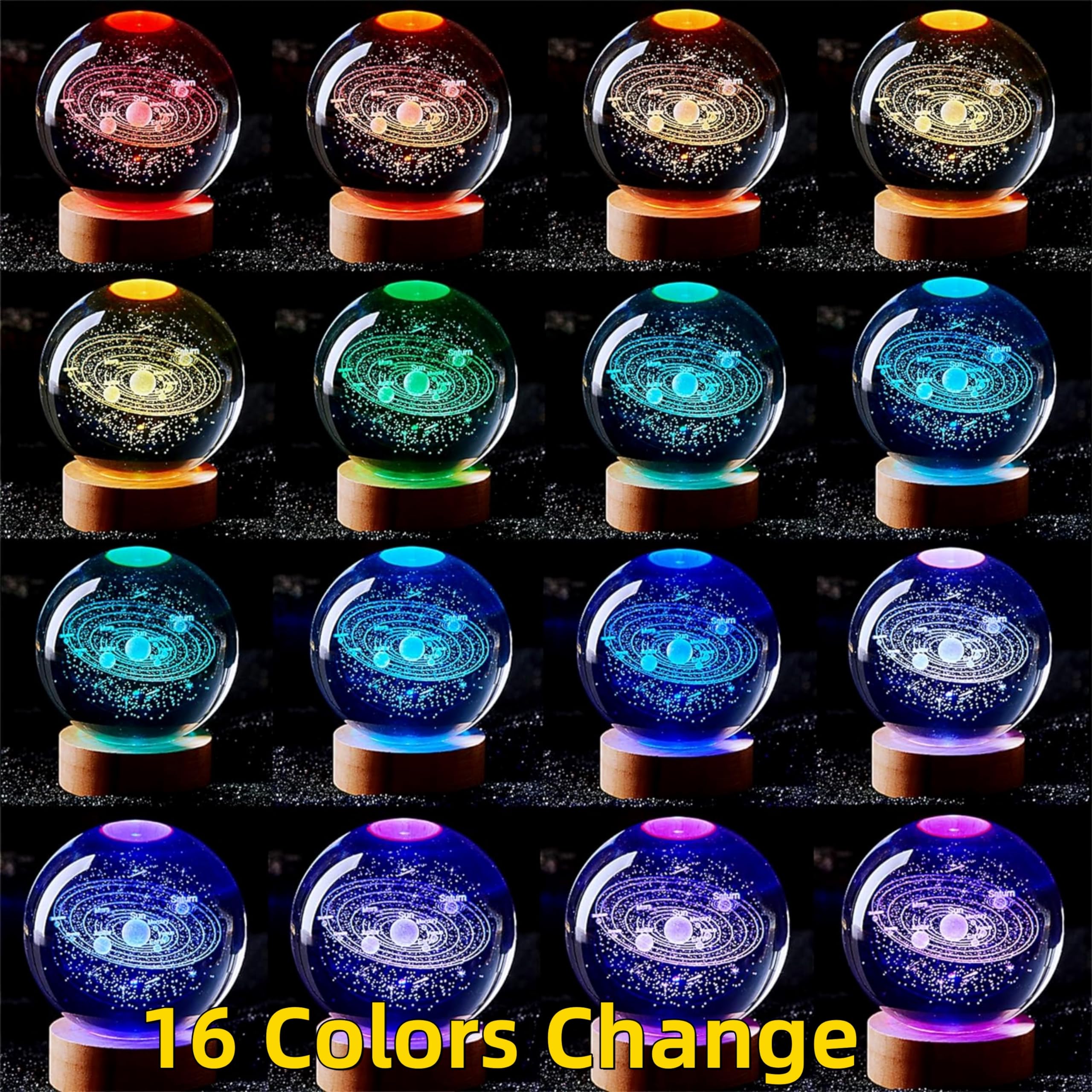 3D Solar System Crystal Ball Lamp, Upgraded 3.15 Inch Galaxy Crystal Ball Night Light With 16 Colors Led Wooden Base, Remote Con