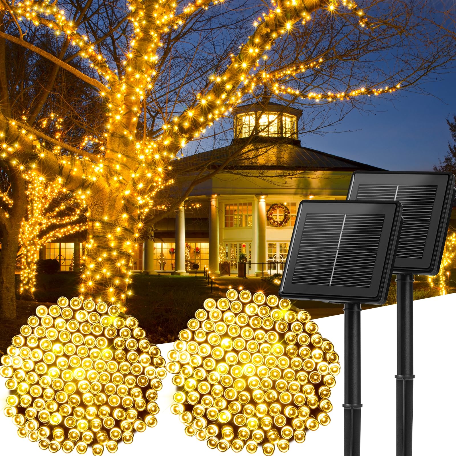 Solar String Lights Outdoor, 2 Pack Total 144FT 400 LED Solar Powered String Lights with 8 Lighting Modes, Waterproof Solar Patio Lights, Solar String Lights for Outside Tree Balcony, Warm White