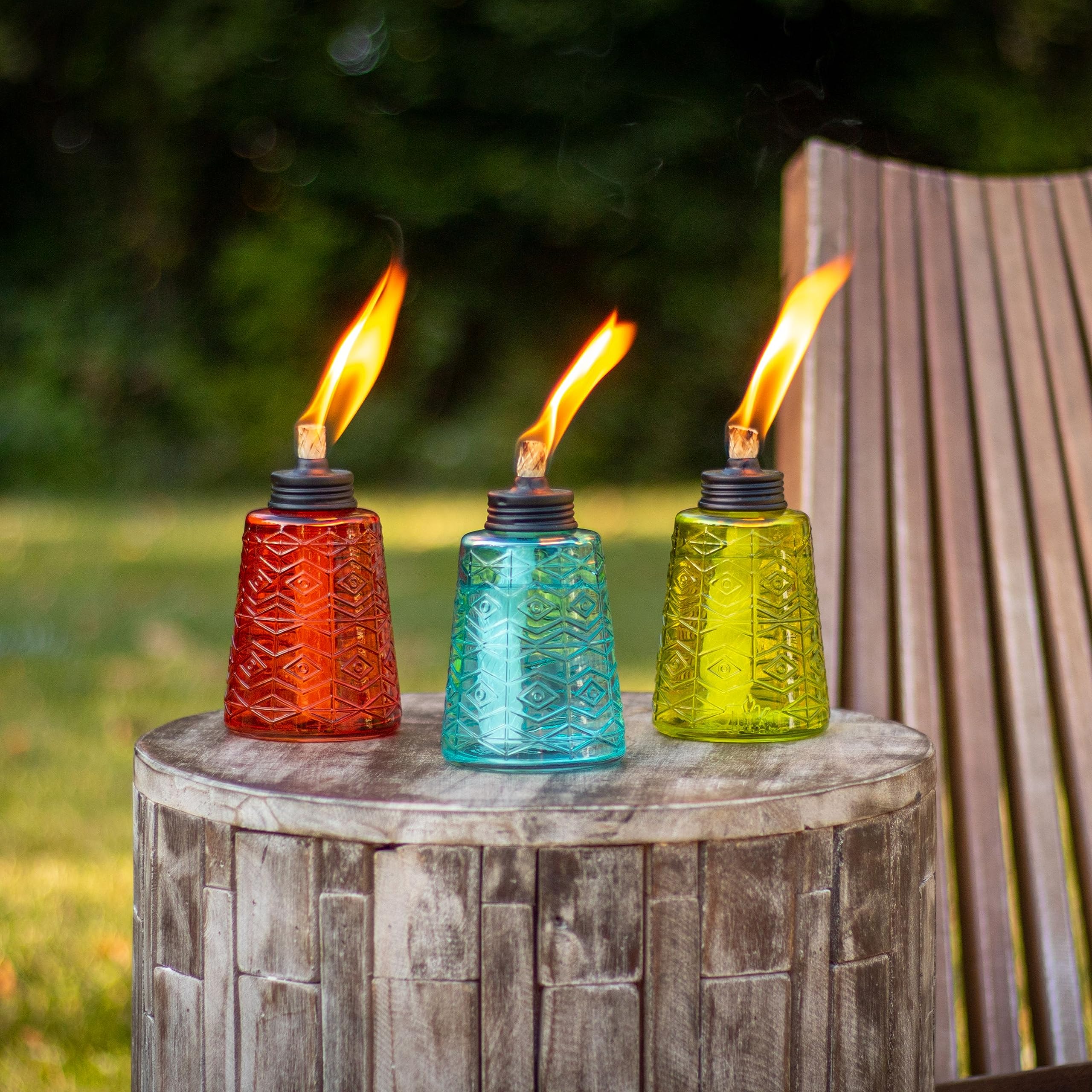 TIKI Molded Glass Outdoor Torch Set of 3, 6 in - Red, Green, Blue - Patio, Lawn, Garden Decor