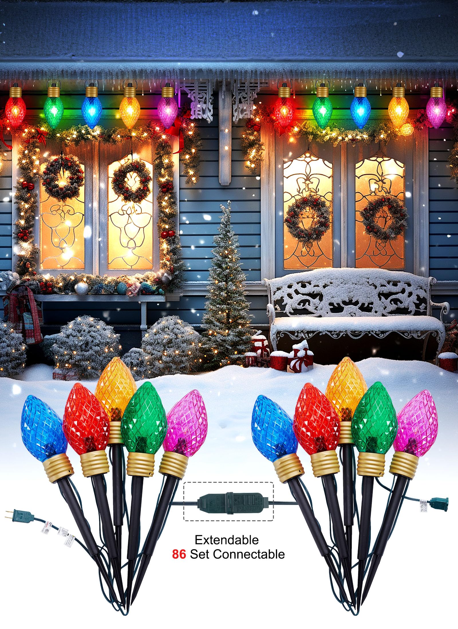 Minetom C7 Christmas Jumbo Lights 10.5ft 2 Pack Multicolor Bulb Outdoor Pathway Decorations