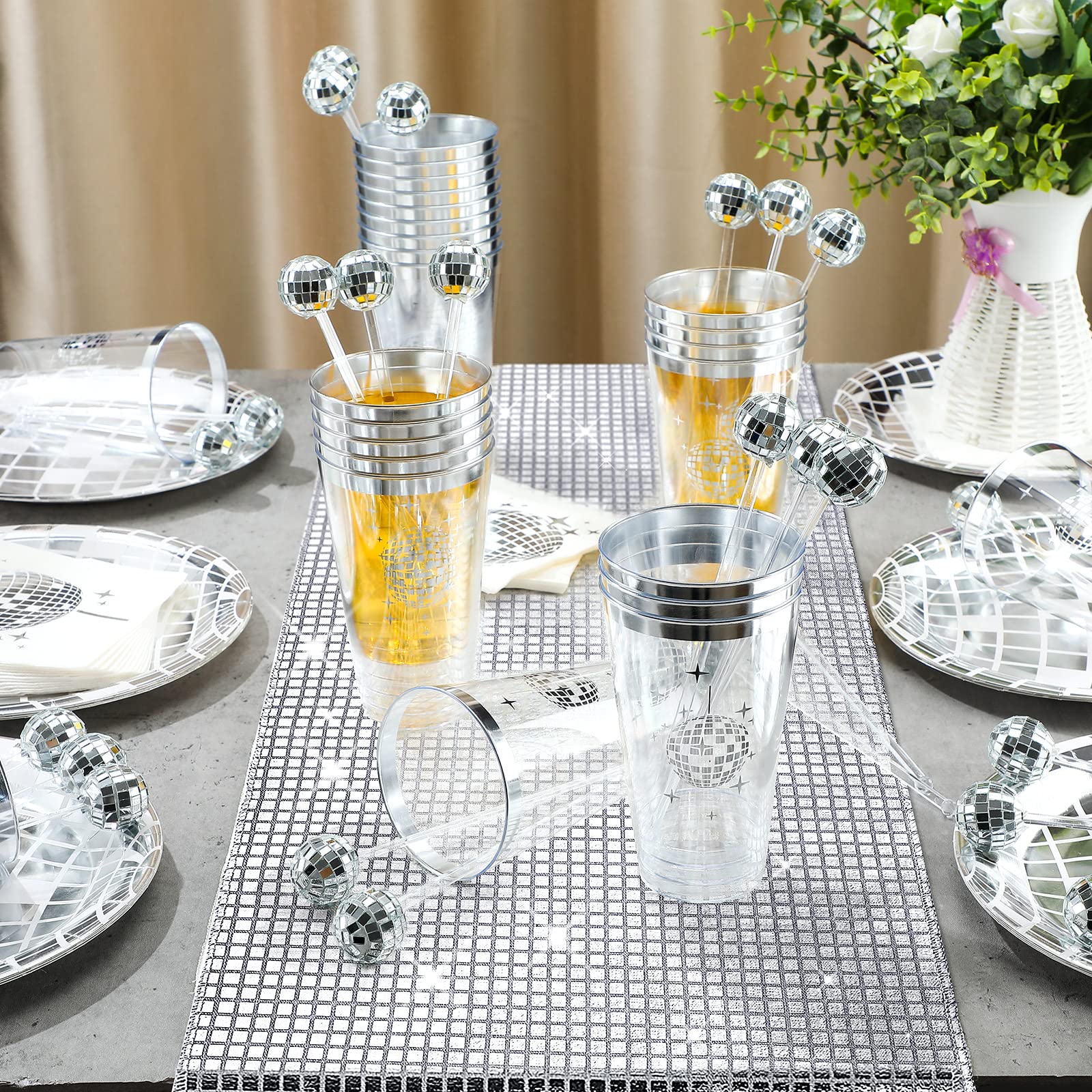 Meanplan 70s Disco Party Supplies Set, 101 Pieces, Silver Disposable Plates, Napkins, Cups, Table Runner, Cocktail Stirrers