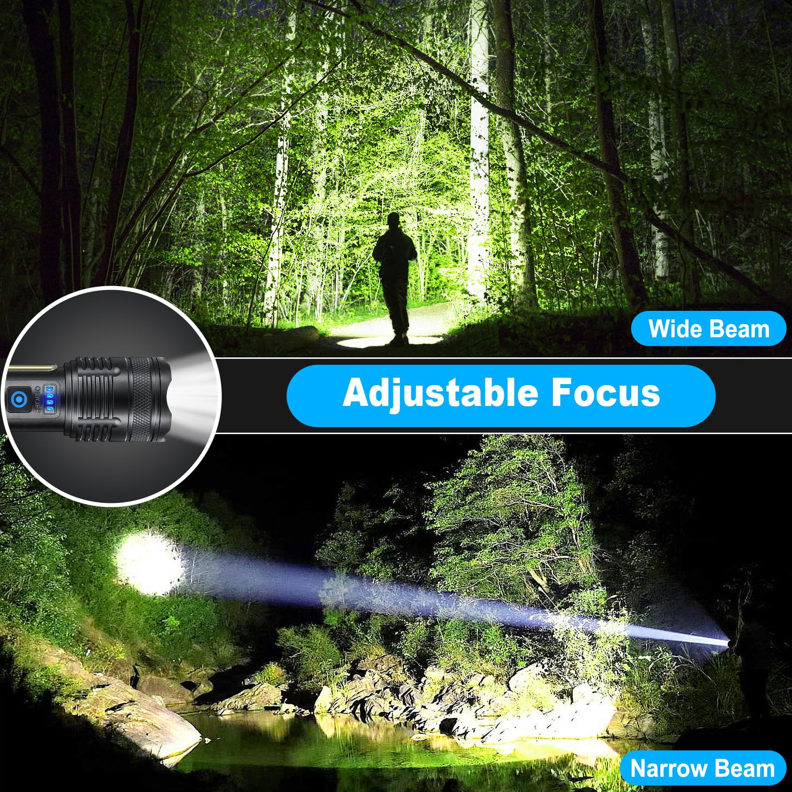 KINGCAESAR Rechargeable Flashlight 90,000 Lumens, 7 Light Modes, IPX7 Waterproof, Model P121, Black