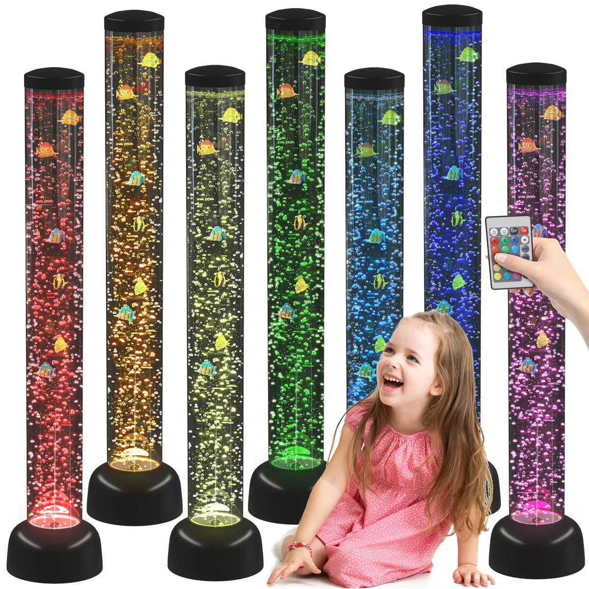 Playlearn 3.3ft Bubble Tube with Remote Control - 8 Fake Fish - Color Changing LED Lights - Sensory Bubble Lamp – Fake Fish Tank Floor Lamp