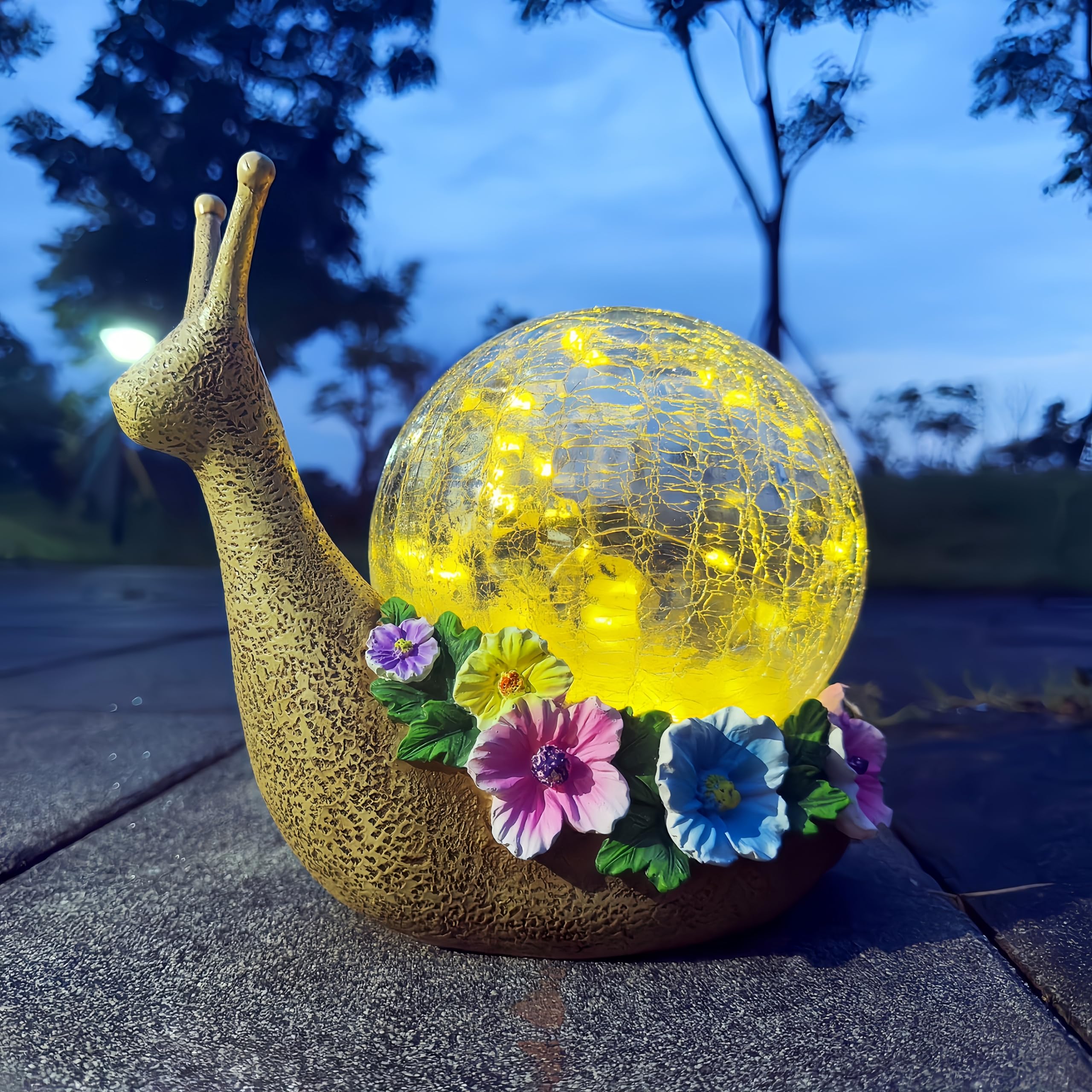 QCF Solar Snail Garden Decorations Outdoor Lights Yard Decor,Resin Fariy Statues Cracked Glass lamp Outside for Backyard Patio L