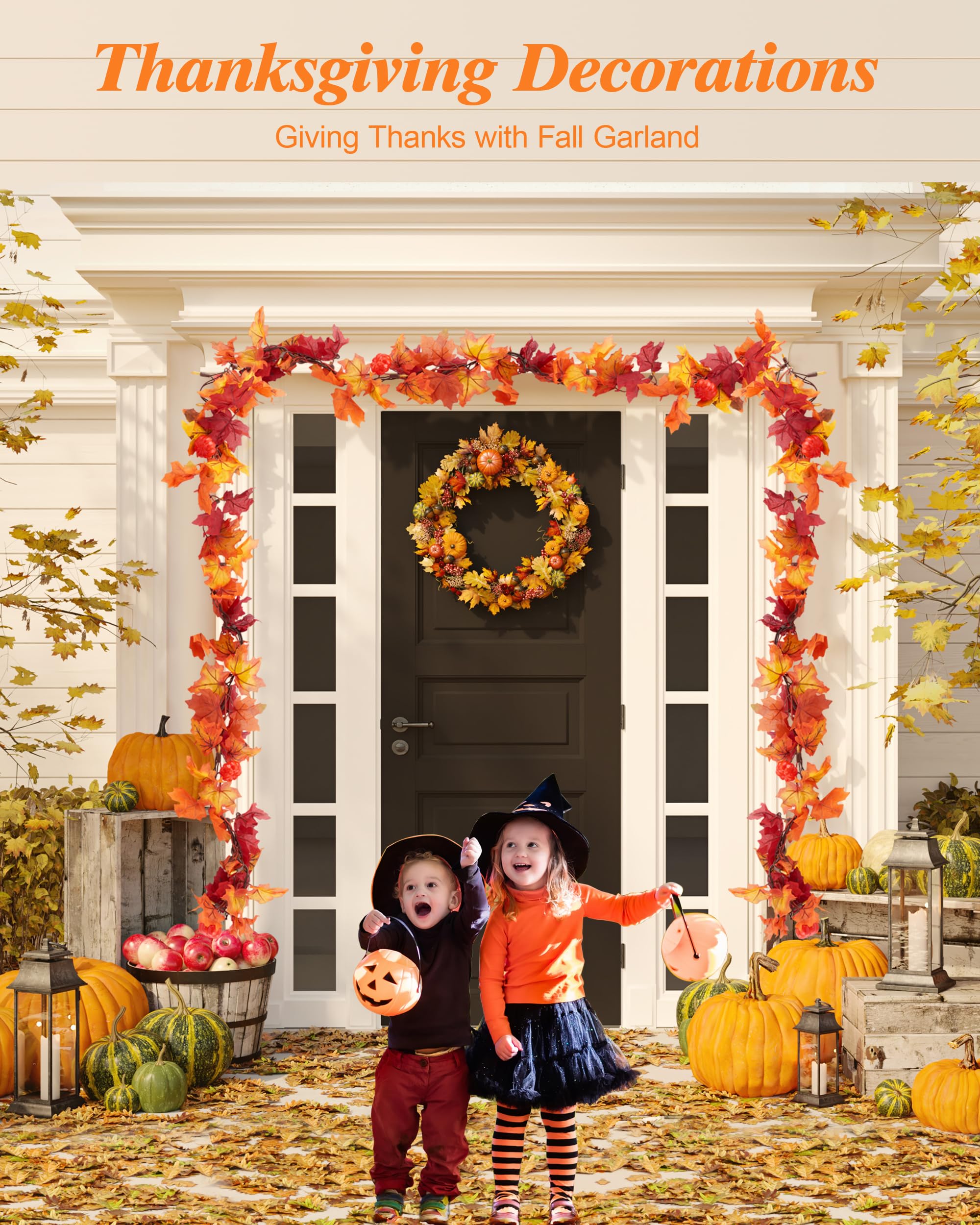 Vcoken 11Ft Fall Garland With Lights, Plug In Fall Lights 50 Bulbs Connectable Maple Leaves Lights With Pumpkin, Fall Decor Lights For Outdoor Indoor Halloween Thanksgiving Holidays