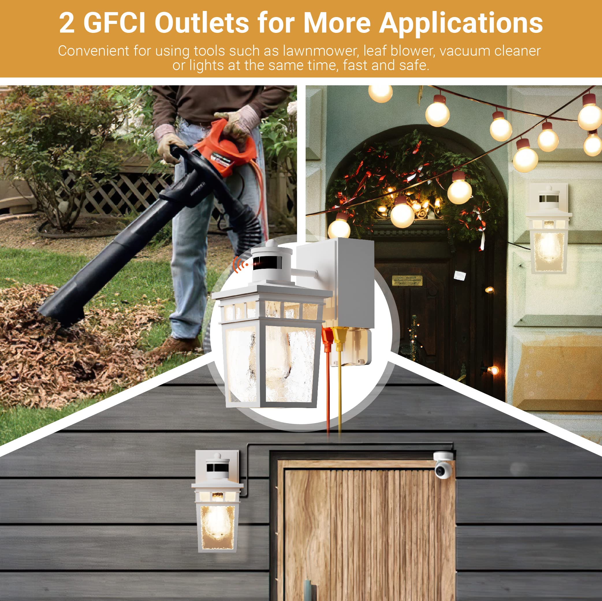 Vioaoeafa 2 Pack Porch Light Outdoor With Gfci Outlet - 3 Lighting Modes Exterior Light Fixture, Dusk To Dawn Motion Sensor Wall