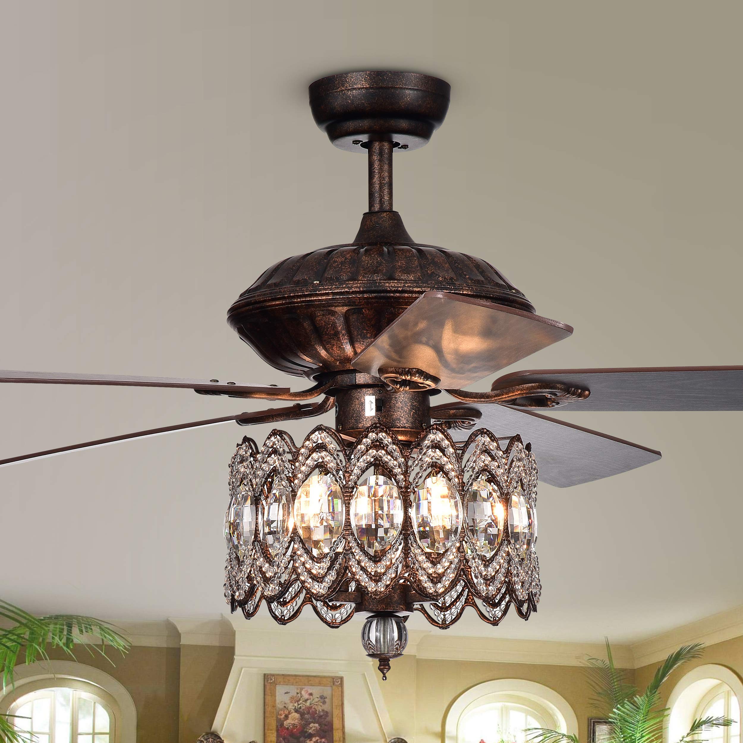 Warehouse Of Tiffany Cfl-8324Remo/Rb Copper Grove Dejes 52-In. Rustic Bronze Chandelier Crystal Shade Ceiling Fan, Brown
