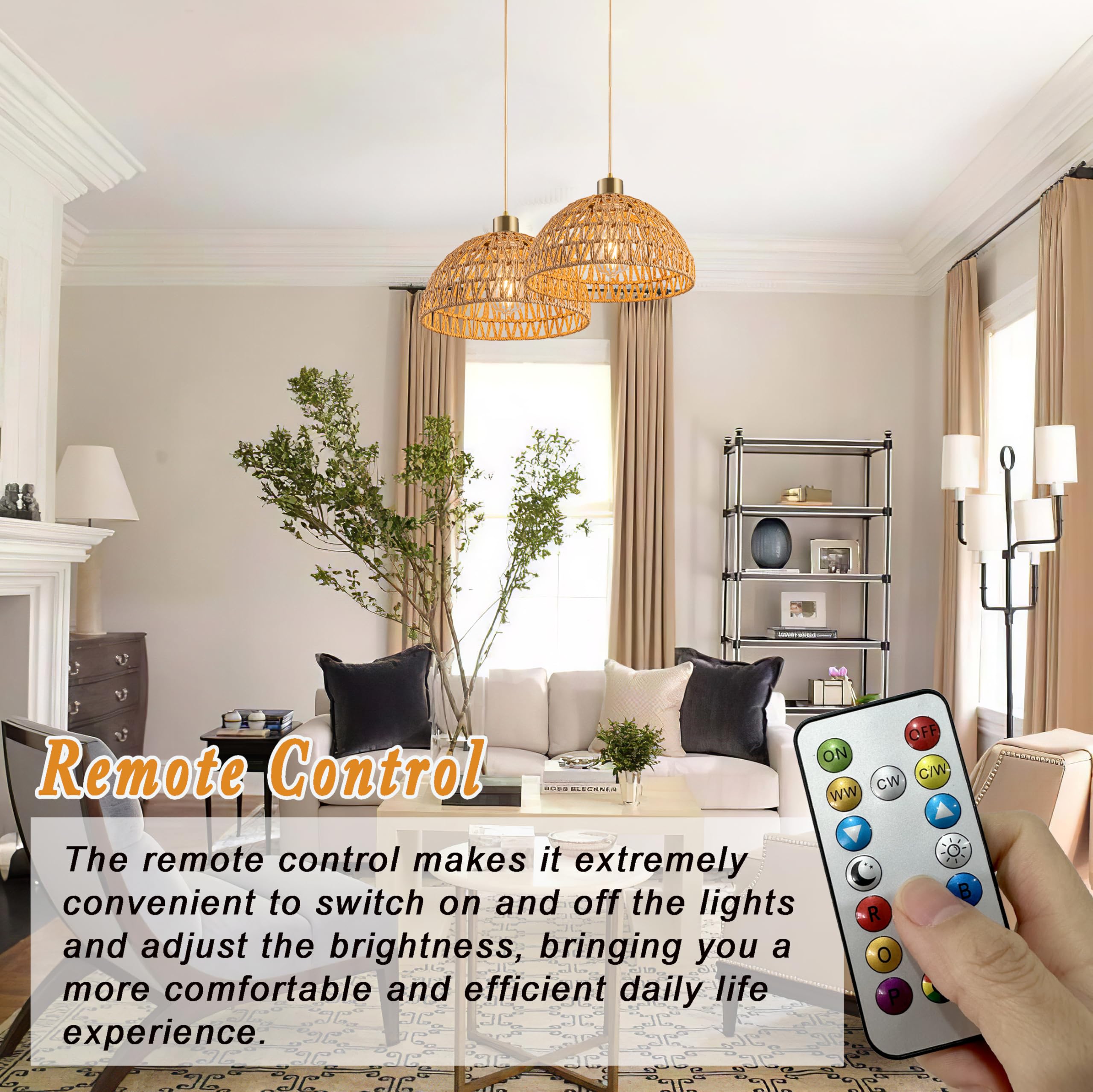 Nekhung Battery Operated Pendant Light With Remote-Battery Chandelier Handwoven Rattan, Battery Hanging Light 50+Hours Long Life