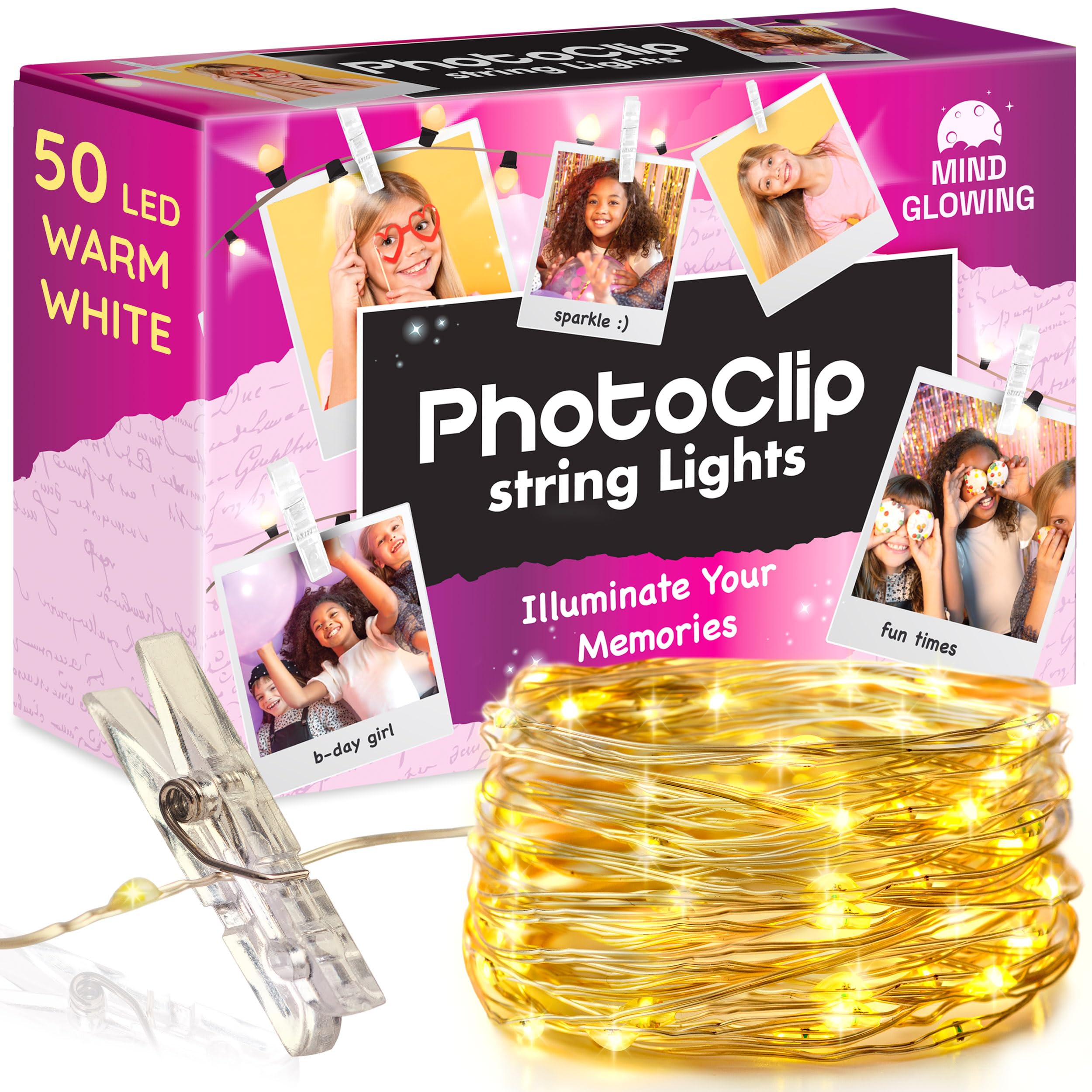 Mind-Glowing Photo Clips String Light - Warm White Fairy Lights with Clips for Hanging Pictures - Teen Girl Room Decor, Trendy Stuff - Birthday Gift for 8-14 Year Old Tween Girls (50 LED, 16.4 ft)