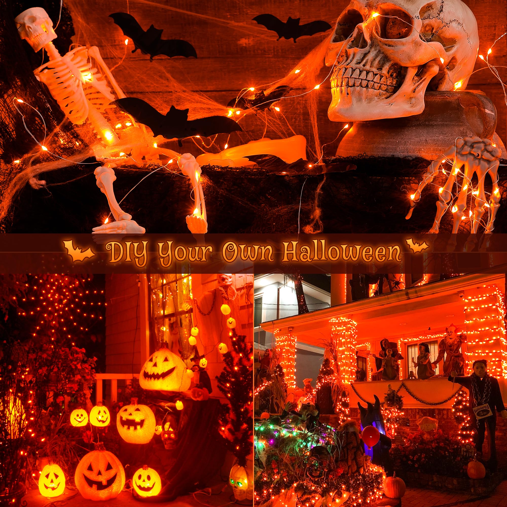 Woohaha Solar Halloween Lights, 33ft 100LED, Copper Wire, 2 Pack, Orange, Model WHSLL-100-33-O-OR