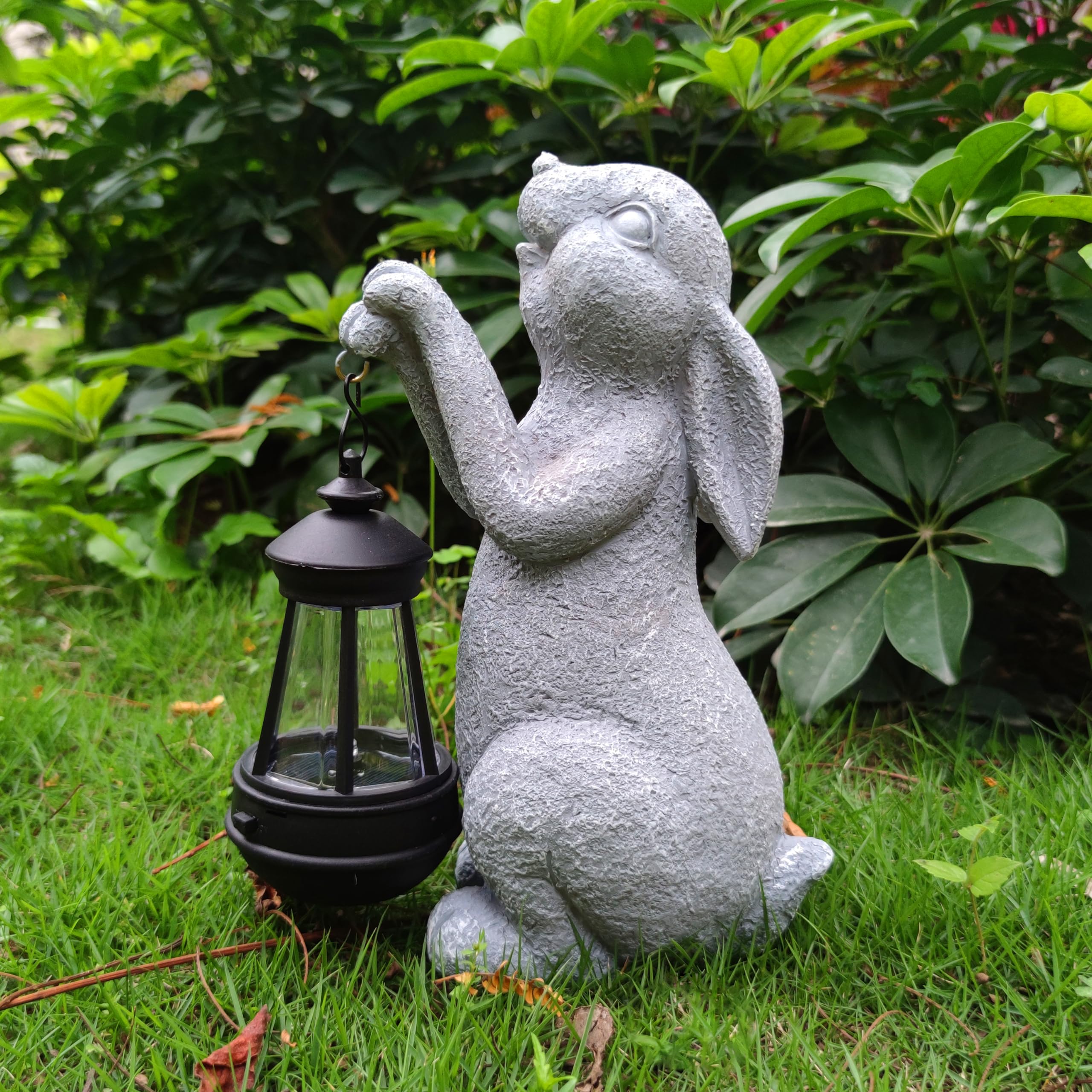 Qobumy Rabbit Solar Garden Statues,Resin Rabbit Figurine Decorations With Solar Lights Lantern, Outdoor Figurines Lawn Garden St