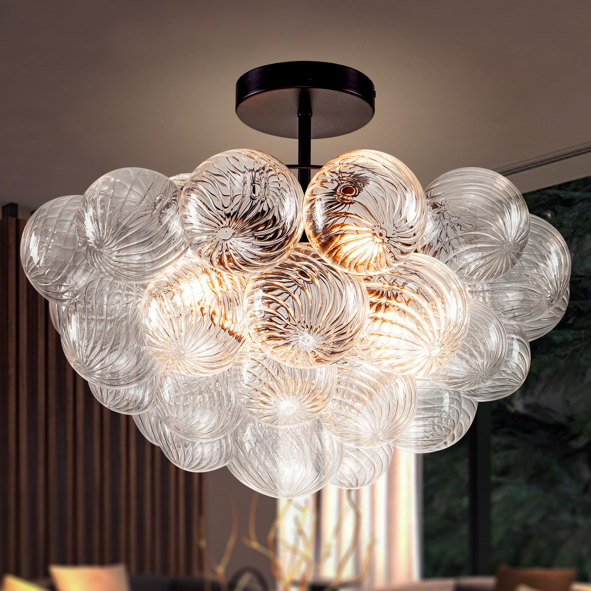 BeyPan Bubble Ball Glass Chandelier Black Finish Clear Ribbed Blown Glass Globe Chandeliers Semi Flush Mount Ceiling Light Fixtu