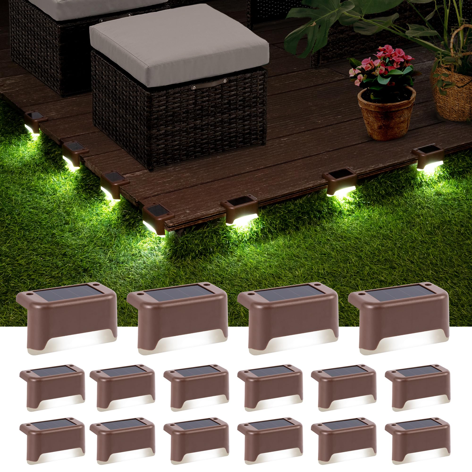 Gigalumi Solar Deck Lights Outdoor, 16 Pack Waterproof Led Solar Lights For Stairs, Step, Fence, Railing, Yard And Patio (Cool W