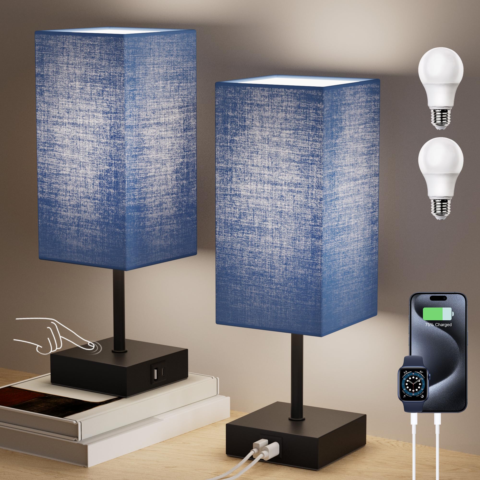 Sailstar Bedside Table Lamp for Bedroom Set of 2, 3 Way Dimmable Touch Lamp with USB C+A Charging Ports, Small Nightand Lamps fo