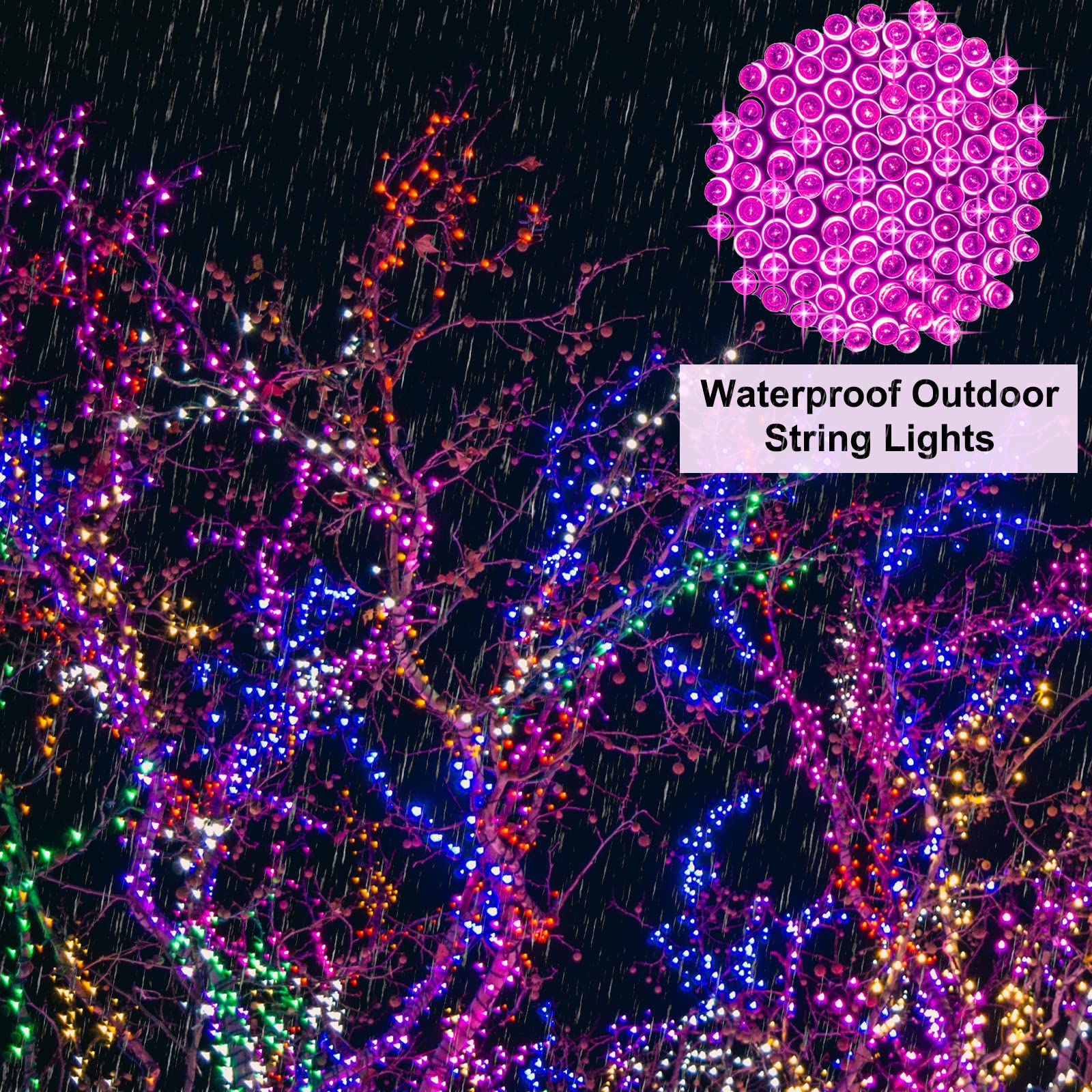 Pooqla 66ft 200 LED Pink String Lights, Clear Wire, Indoor Outdoor, 8 Modes, Model LR-(1-1000) L-SL02
