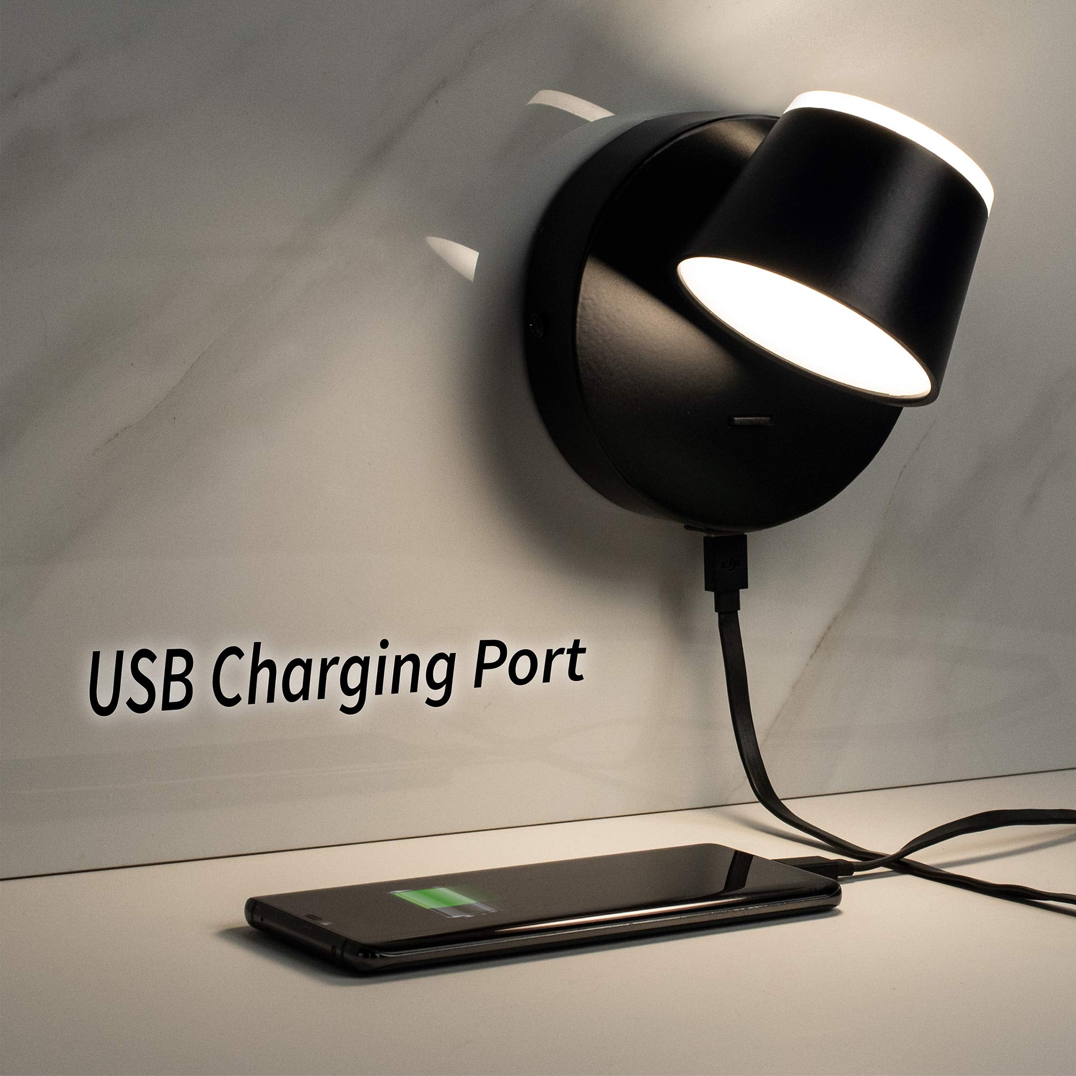 URSOLA LED Wall Sconce Set of Two, Hardwired 350° Rotatable, USB Charging, Black, Model 7540-1T