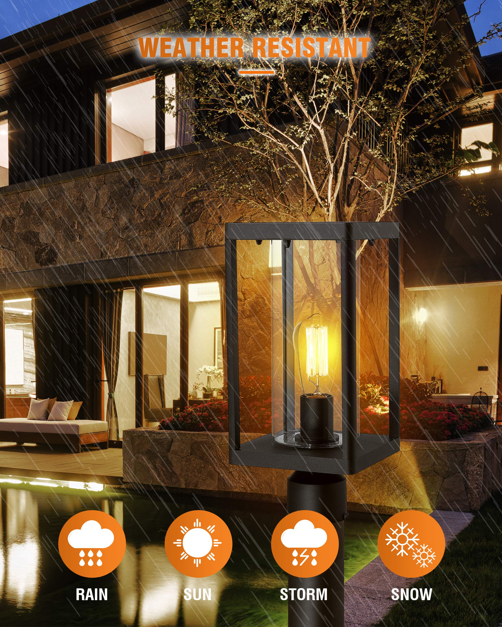 Beionxii Outdoor Post Lantern - 20" Modern Black Aluminum Pillar Light with Clear Glass - Model BXA291-P-1PK