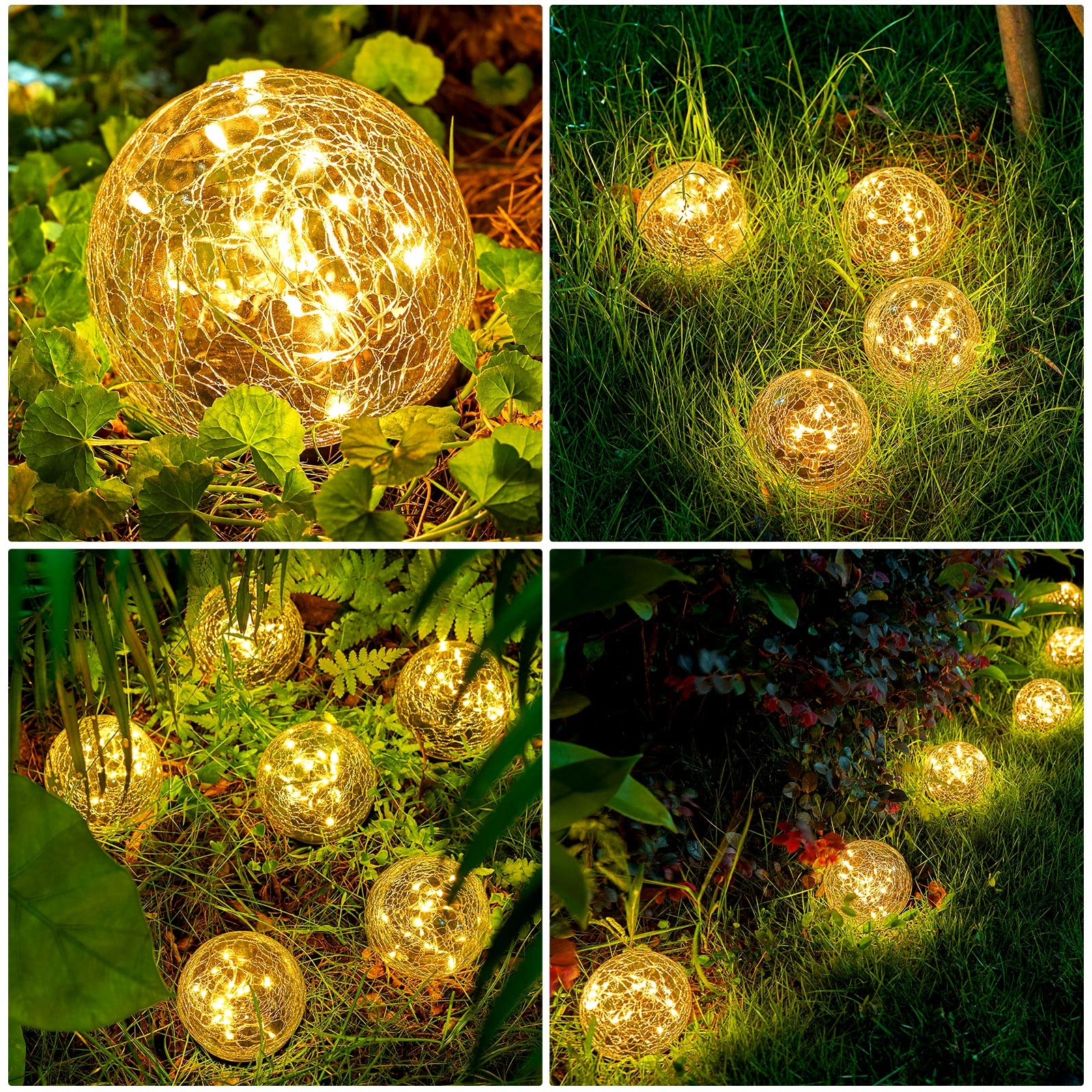 Honoson 3.9 Inch Solar Globe Lights Outdoor Waterproof, Solar Balls For Garden Cracked Glass Ball, Ground Landscape Garden Decor