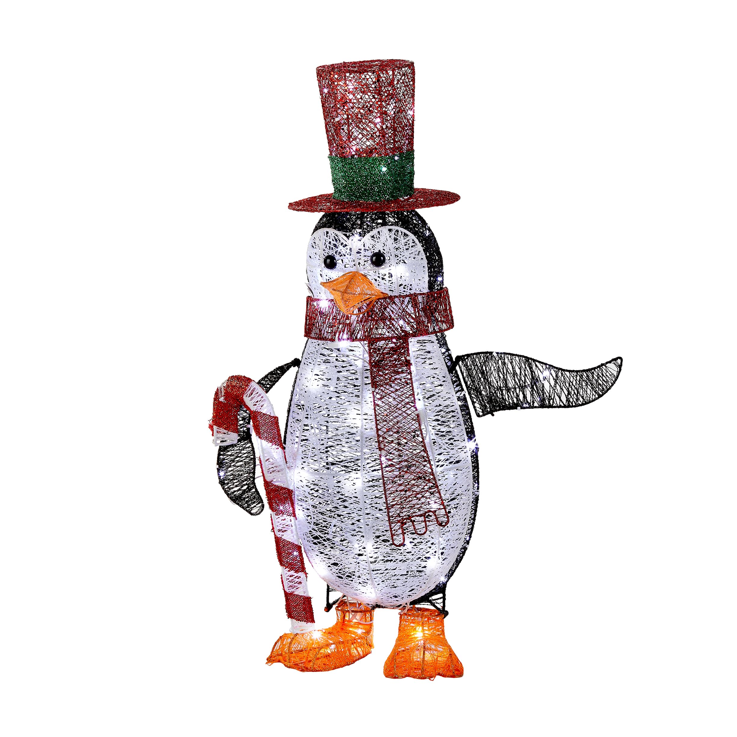 National Tree 36&quot; Penguin With Red Top Hat & Candy Cane, 100 Led Lights