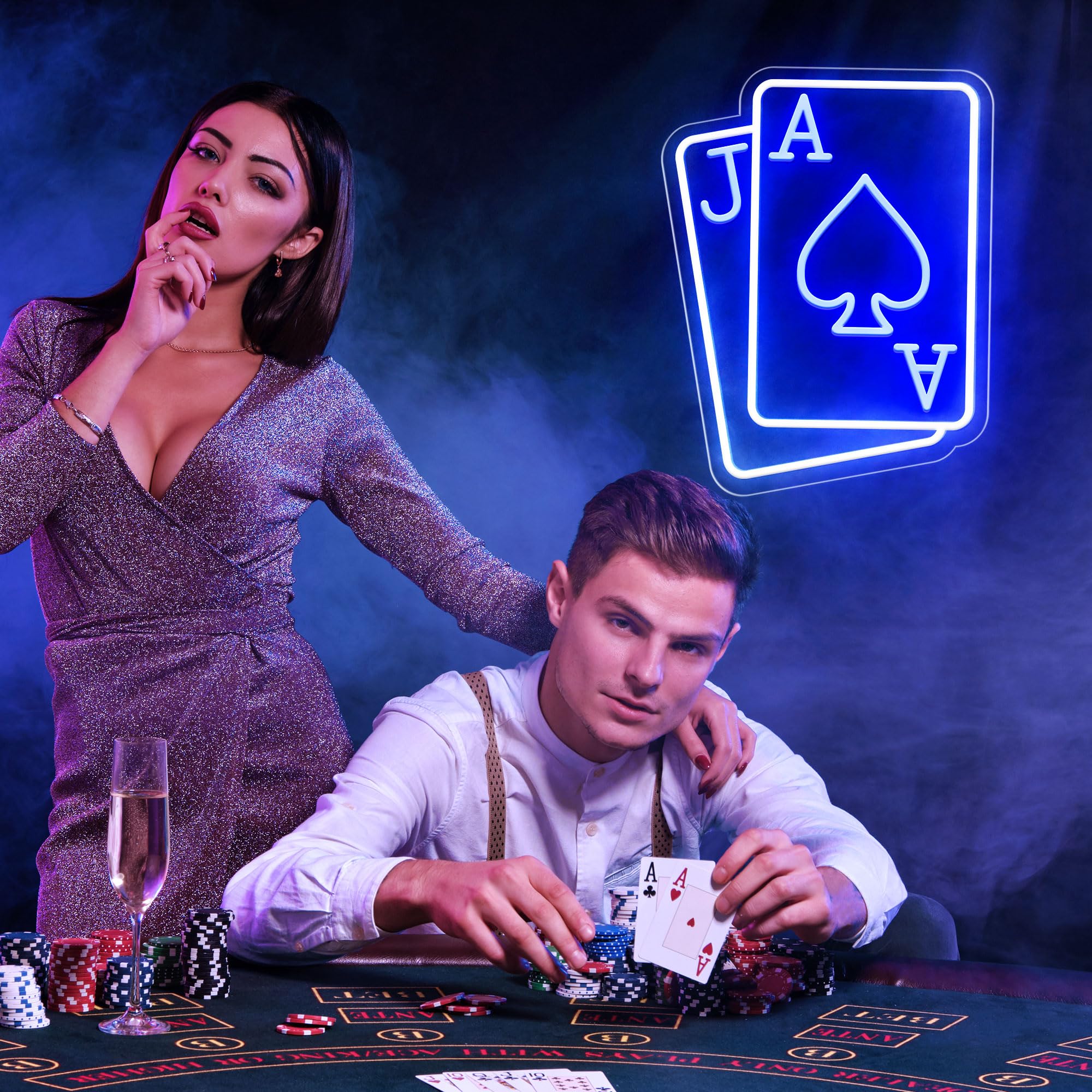 CULOIS Neon Playing Cards Wall Sign, 13x11 in, Blue/White Acrylic LED Light for Bedroom, Bar, Game Room Decor