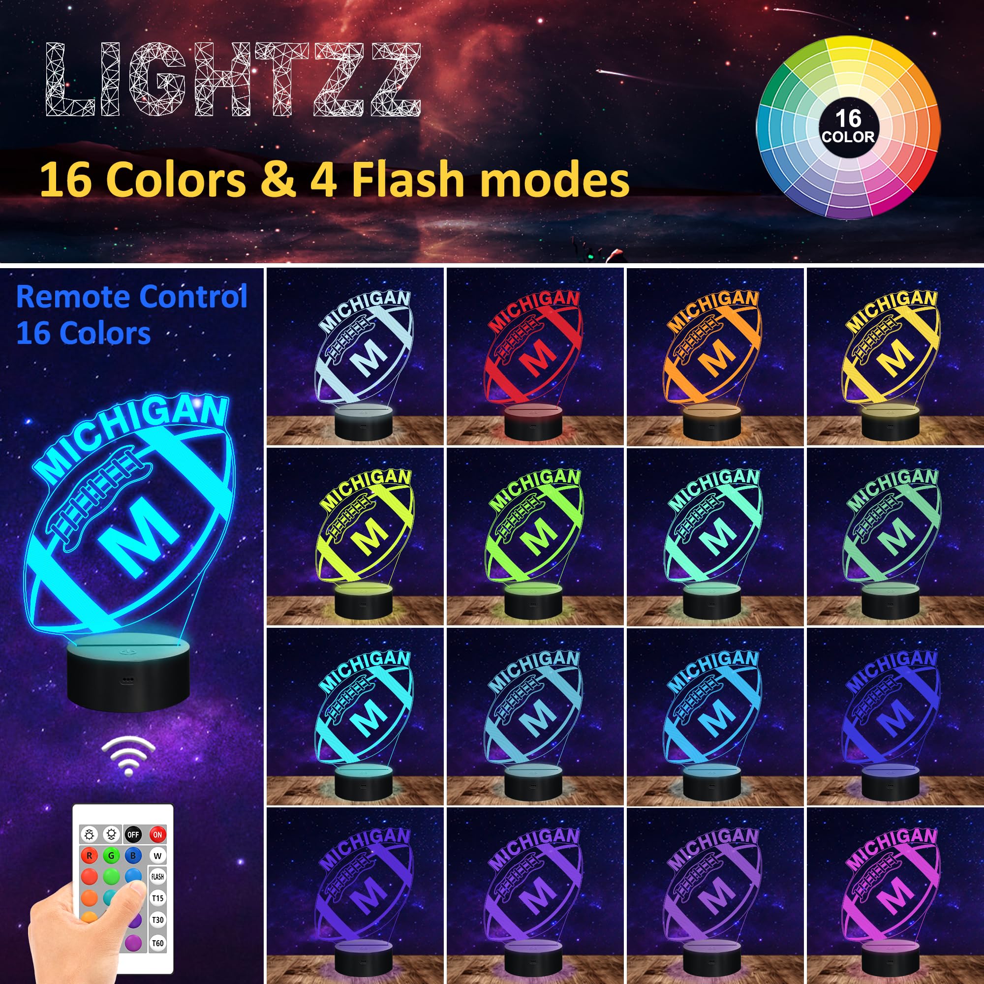 Lightzz 3D Football Night Light - 16 Color Remote Control Lamp, Michigan Multicoloured Decor for Kids Room