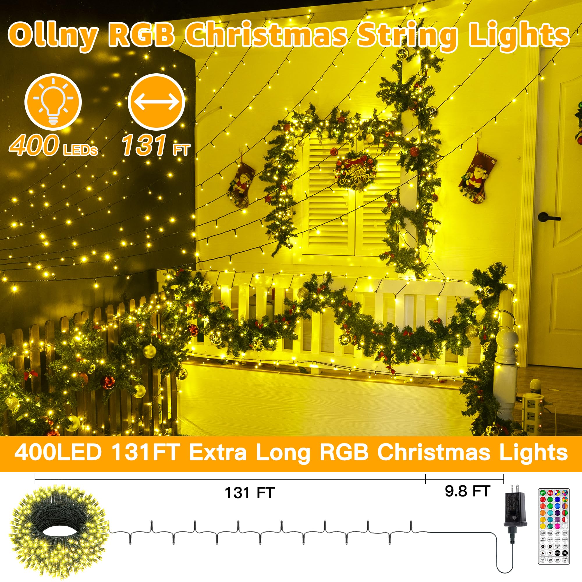 Ollny Rgb Christmas Lights, 400 Leds, 131 Ft, Green Wire, 130 Modes, Waterproof, Remote & Timer For Holiday & Year-Round Decor
