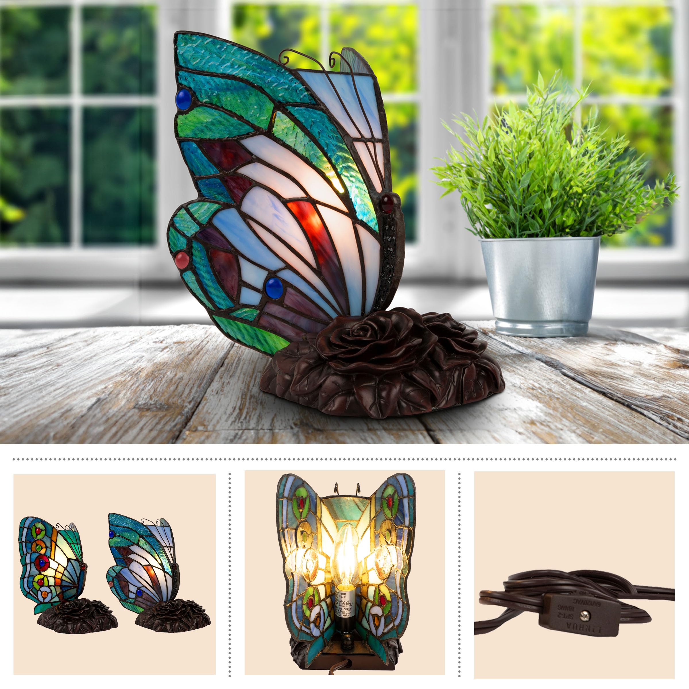 Lavish Home Tiffany Style Butterfly Table Lamp - Set Of 2 Stained Glass Desk Or Night Light Lamps With Led Bulbs - Vintage-Style