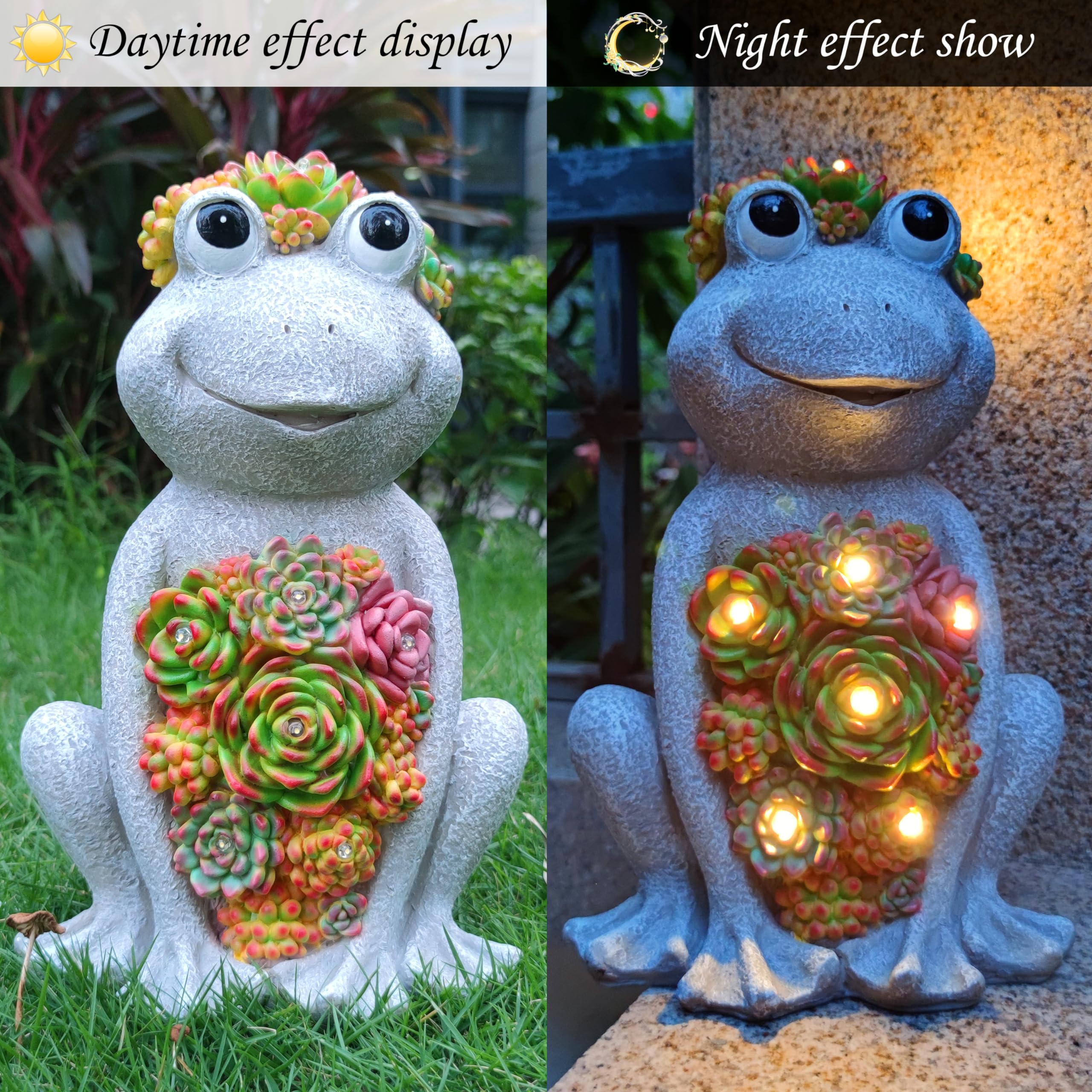Vioyouns Large Frog Solar Garden Outdoor Statues With Succulent And 8 Led Lights,Outside Solar Frog Art Decor For Lawn,Yard, Bal