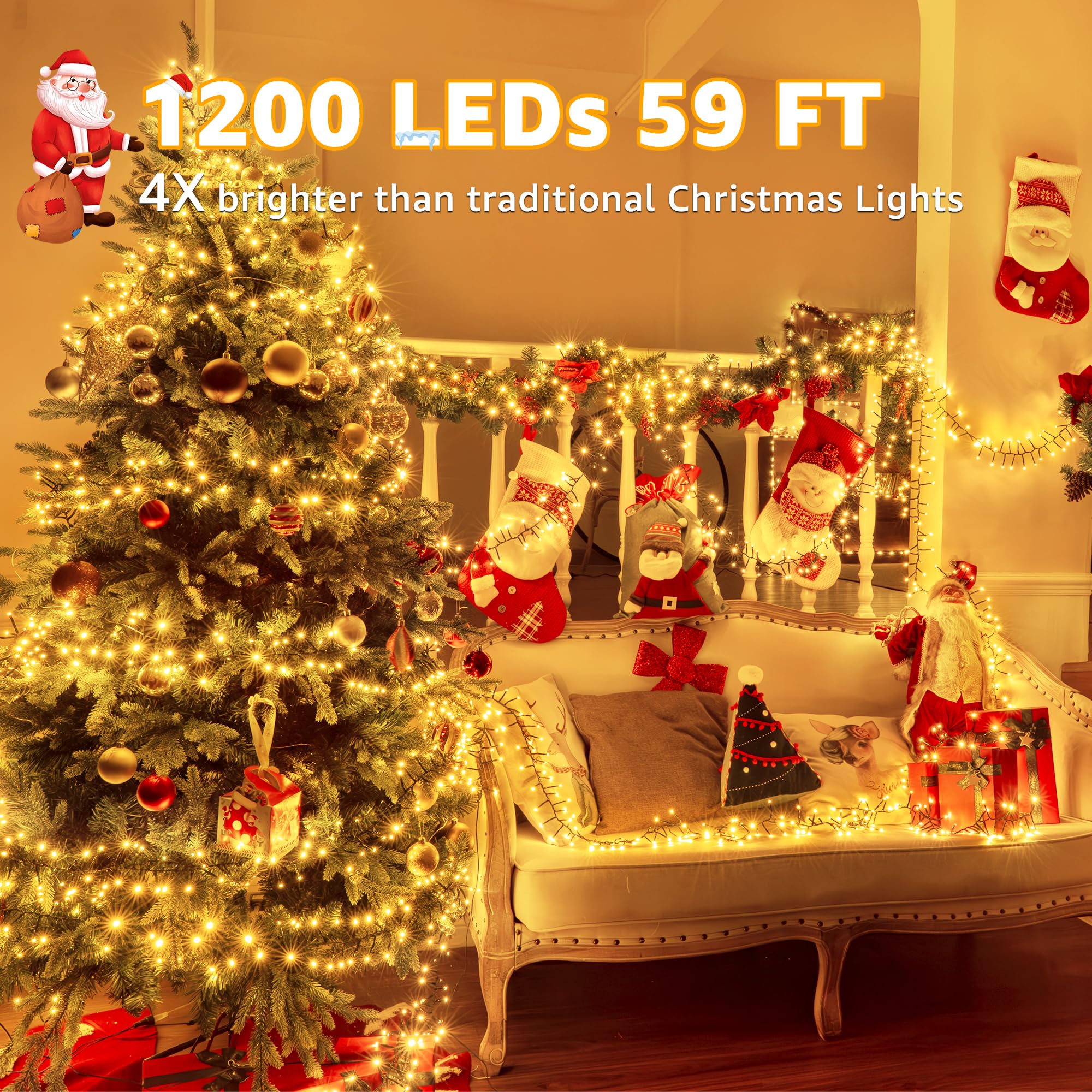 Ccinny 1200 LED Cluster Lights, 59 FT Warm White String Lights with Timer & Remote, Waterproof for Indoor/Outdoor Xmas Decorations