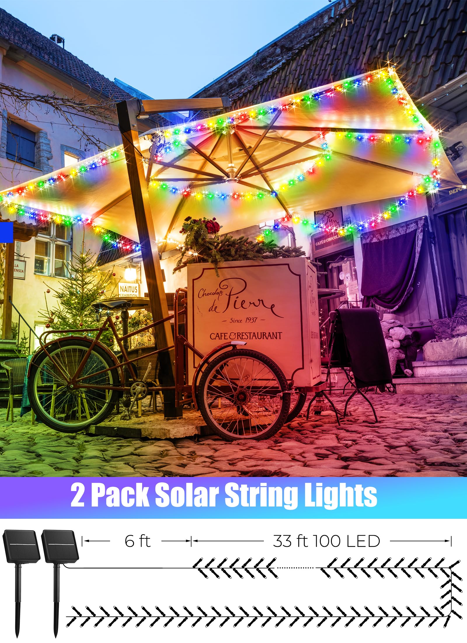 Minetom Solar String Lights Outdoor, 2 Pack Total 80Ft 200 Led String Lights Solar Powered With 8 Lighting Modes, Waterproof Solar Patio Lights,Colored Solar String Lights For Outside Tree, Multicolor