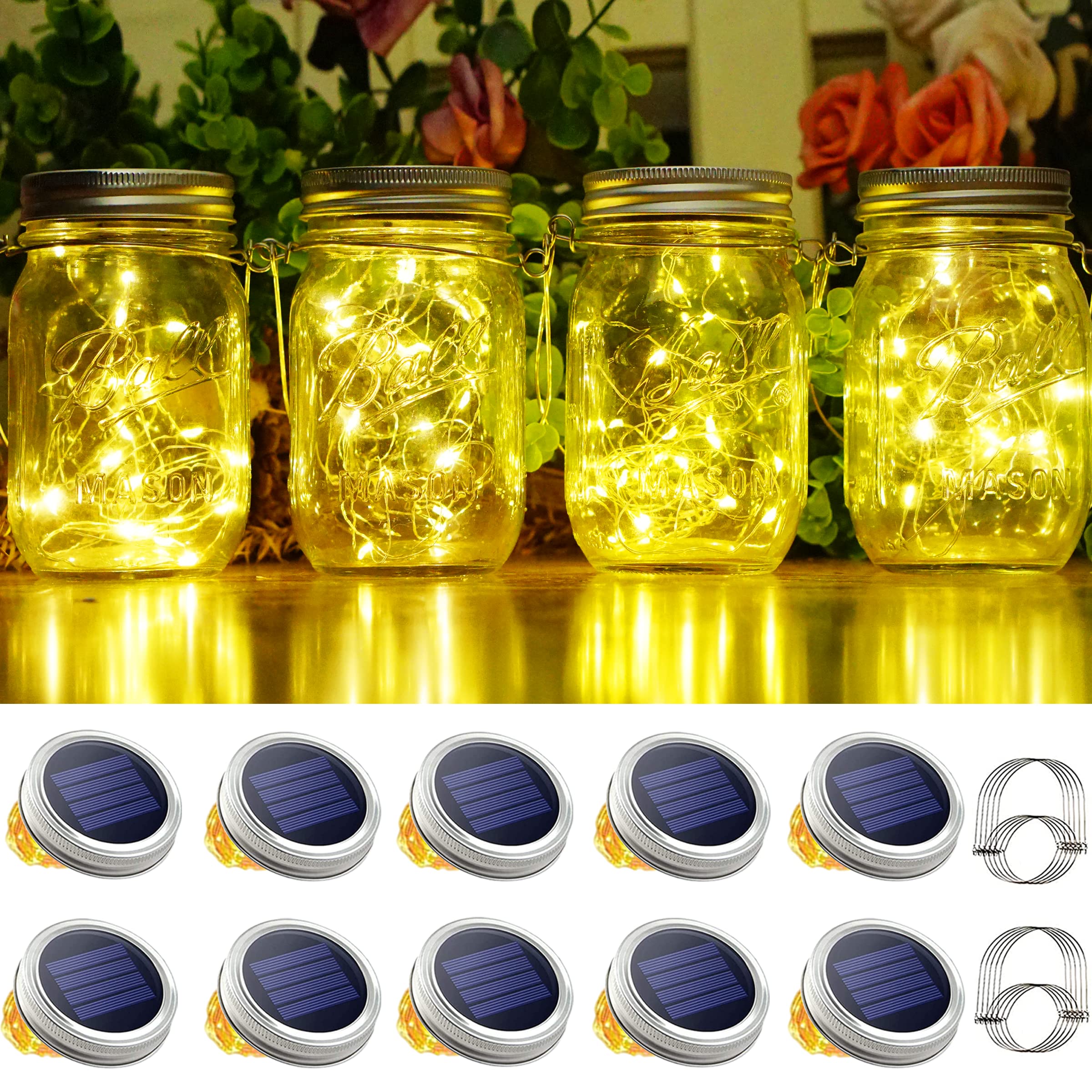 Smilingtown 10 Pack 30 Led Solar Mason Jar Lid String Lights,Fairy Lights Including 10 Pcs Hangers,For Indoor Outdoor Wedding Pa